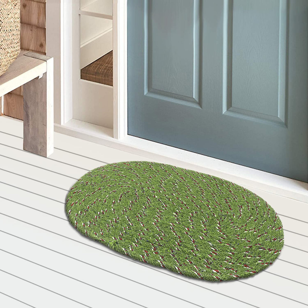 Kuber Industries Cotton Oval Door Mat for Porch/Kitchen/Bathroom/Laundry Room,(Green) 54KM3952 Standard