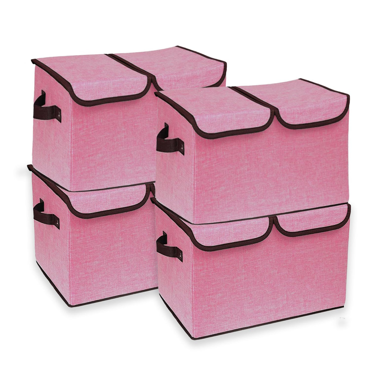 Kuber Industries Pack of 4 Double Lid Foldable Storage Box|Toys Storage Bin|Wardrobe Organizer For Clothes|Front Handle & Stackable (Pink)