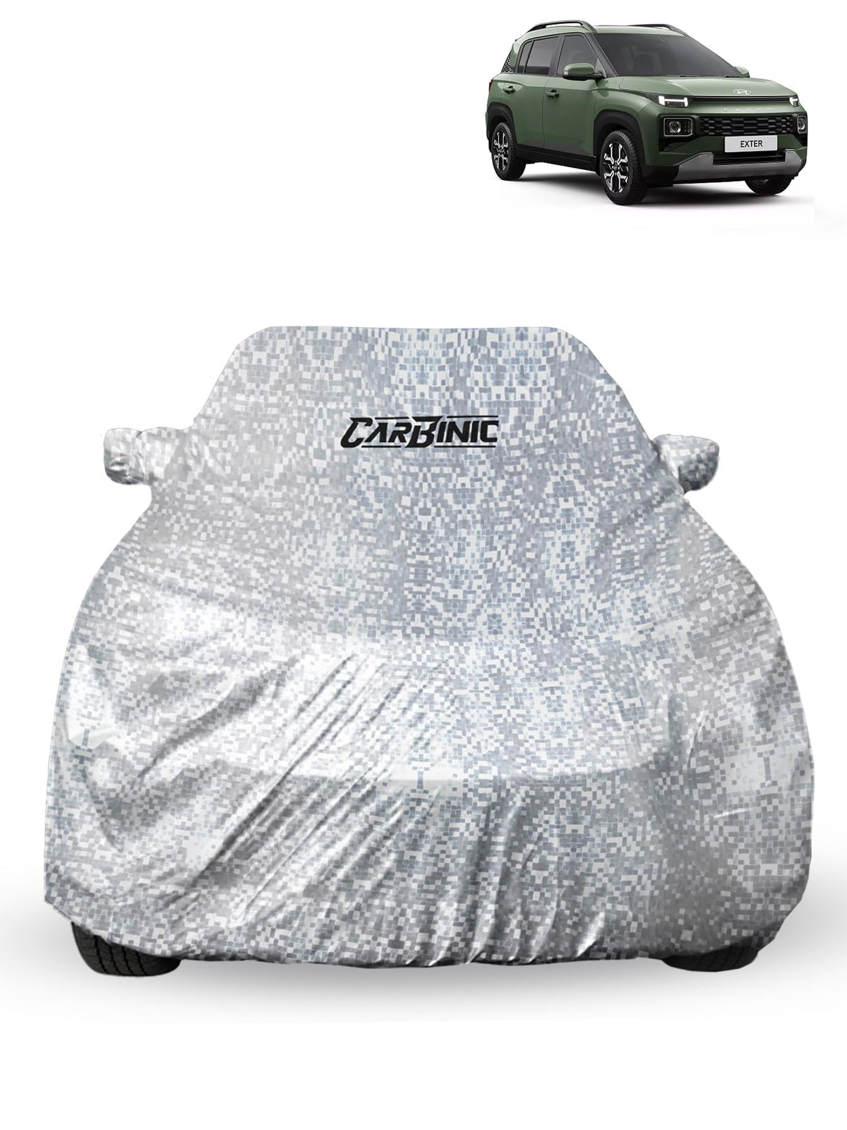 CARBINIC Waterproof Car Body Cover for Hyundai Exter 2023 | Dustproof, UV Proof Car Cover | Exter Car Accessories | Mirror Pockets & Antenna Triple Stitched | Double Layered Soft Cotton Lining, Silver