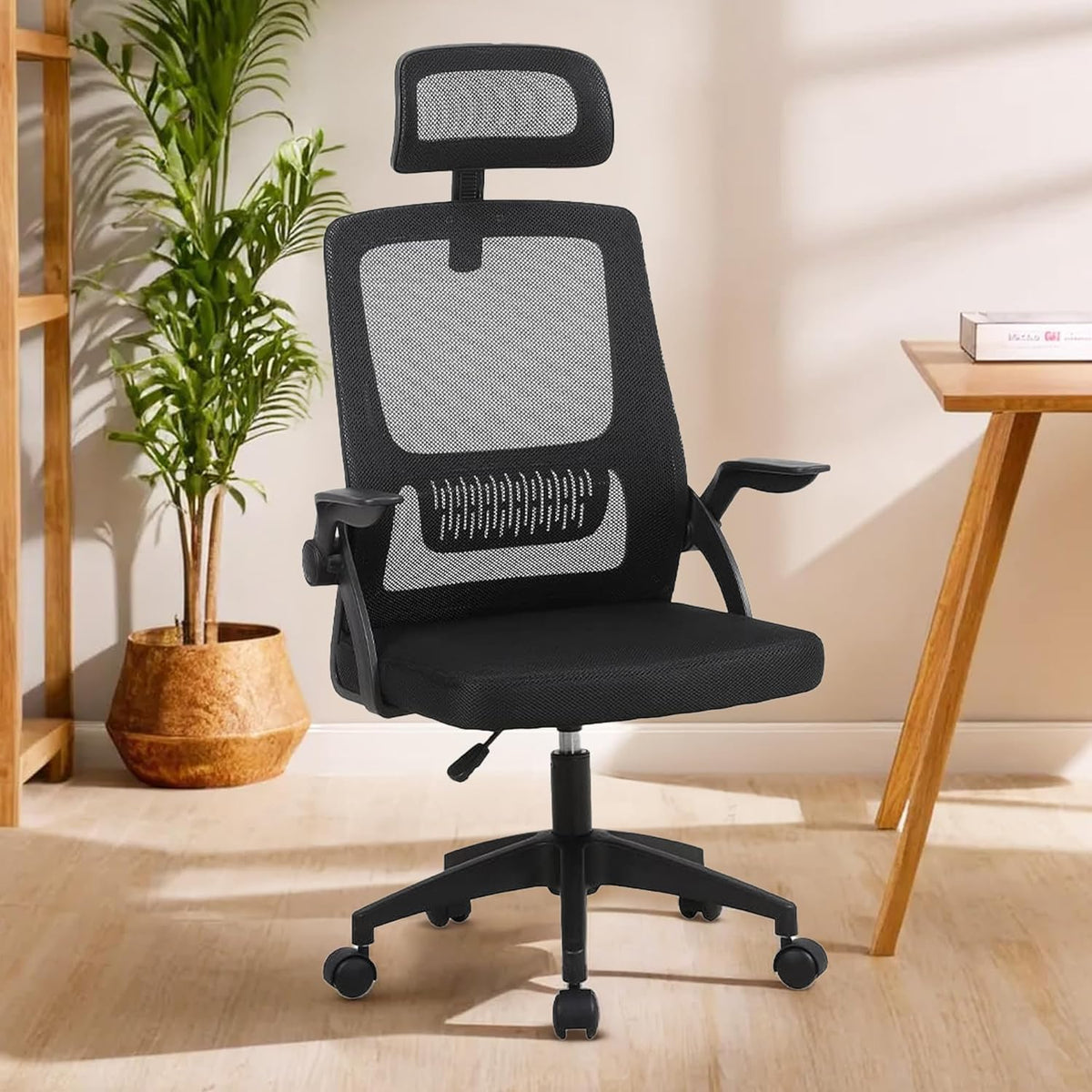 Kuber Industries Ergonomic Office Chairs for Work From Home | Comes with Manual Height Adjustable, Armrest, Headrest & Lumbar Support | Comfy Study Chair for Students with Wheels | Black | 2011-1W-BLK