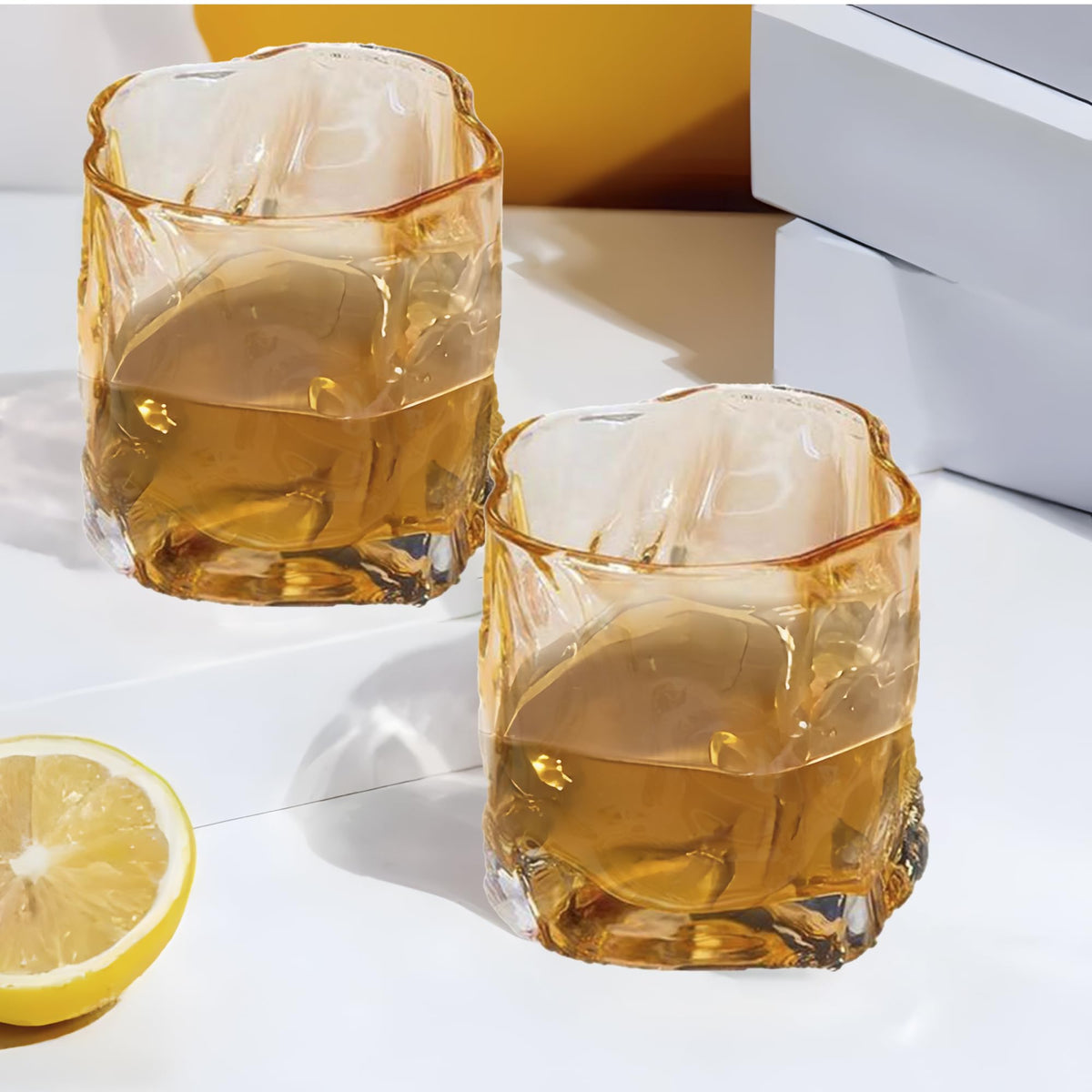 UMAI Whiskey Glasses Set of 2 (230ml Each) | Lead Free Neat Whiskey Glass | Heavy Bottom Drinking Glass | Crystal Glass for Bar Home | Glass for Drinks | Cocktail Glasses | Highball Glass (Amber)