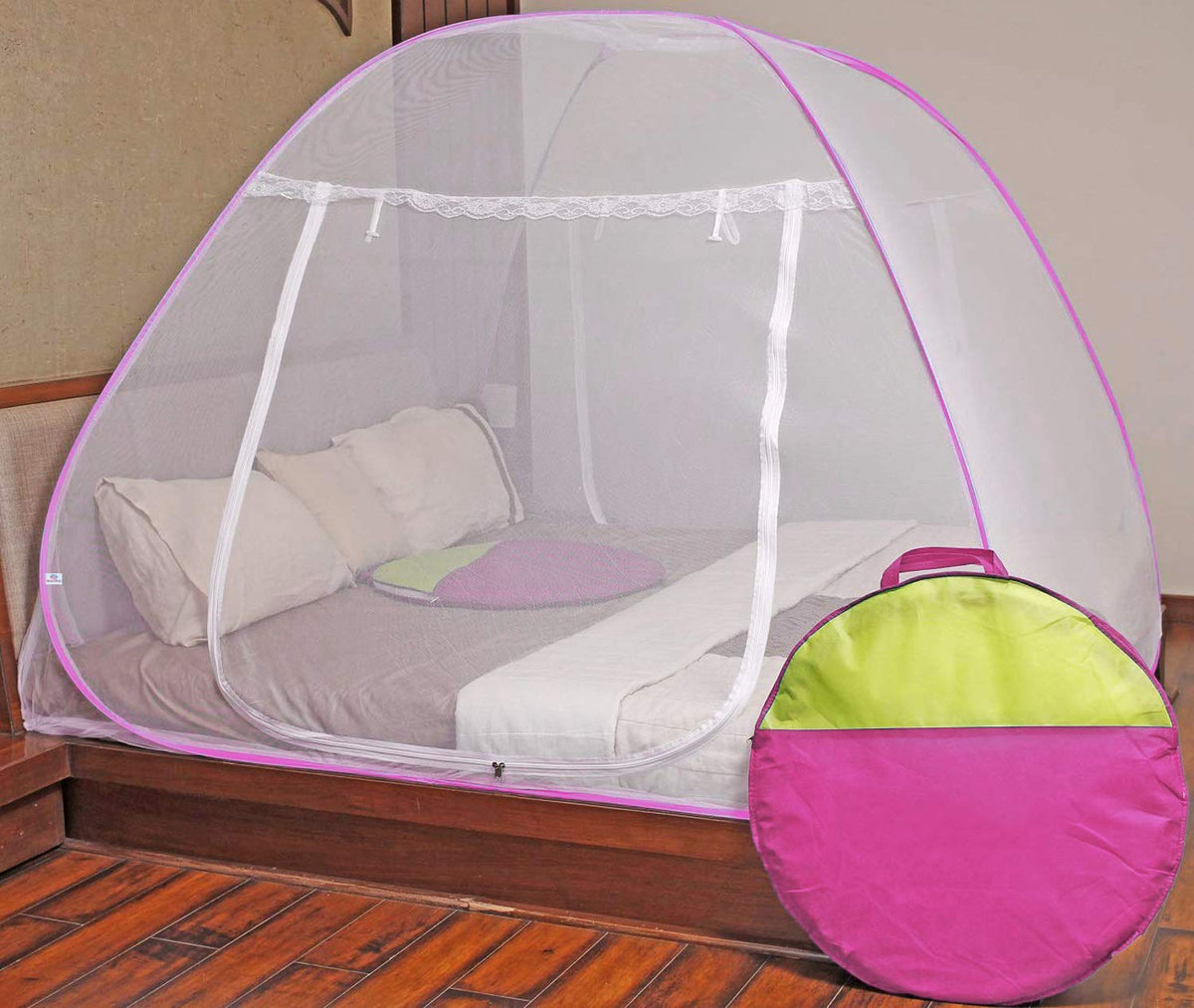 Heart Home Foldable Mosquito Net/Machhardani - Double Bed,6.5 Ft X 5.5 Ft (Pink), King (F_26_HEARTH016882)