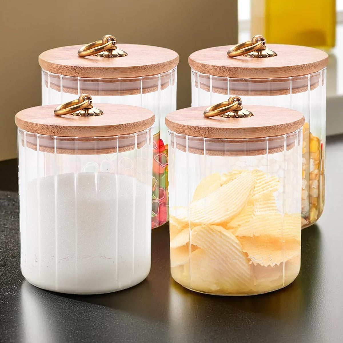 Kuber Industries Borosilicate Glass Jar with Bamboo Lid | Kitchen Organizer Items and Storage | Multi-utility, Leakproof, Airtight Jar for Cookies, Snacks, Tea, Coffee, Sugar (530 ml) (Pack of 4)