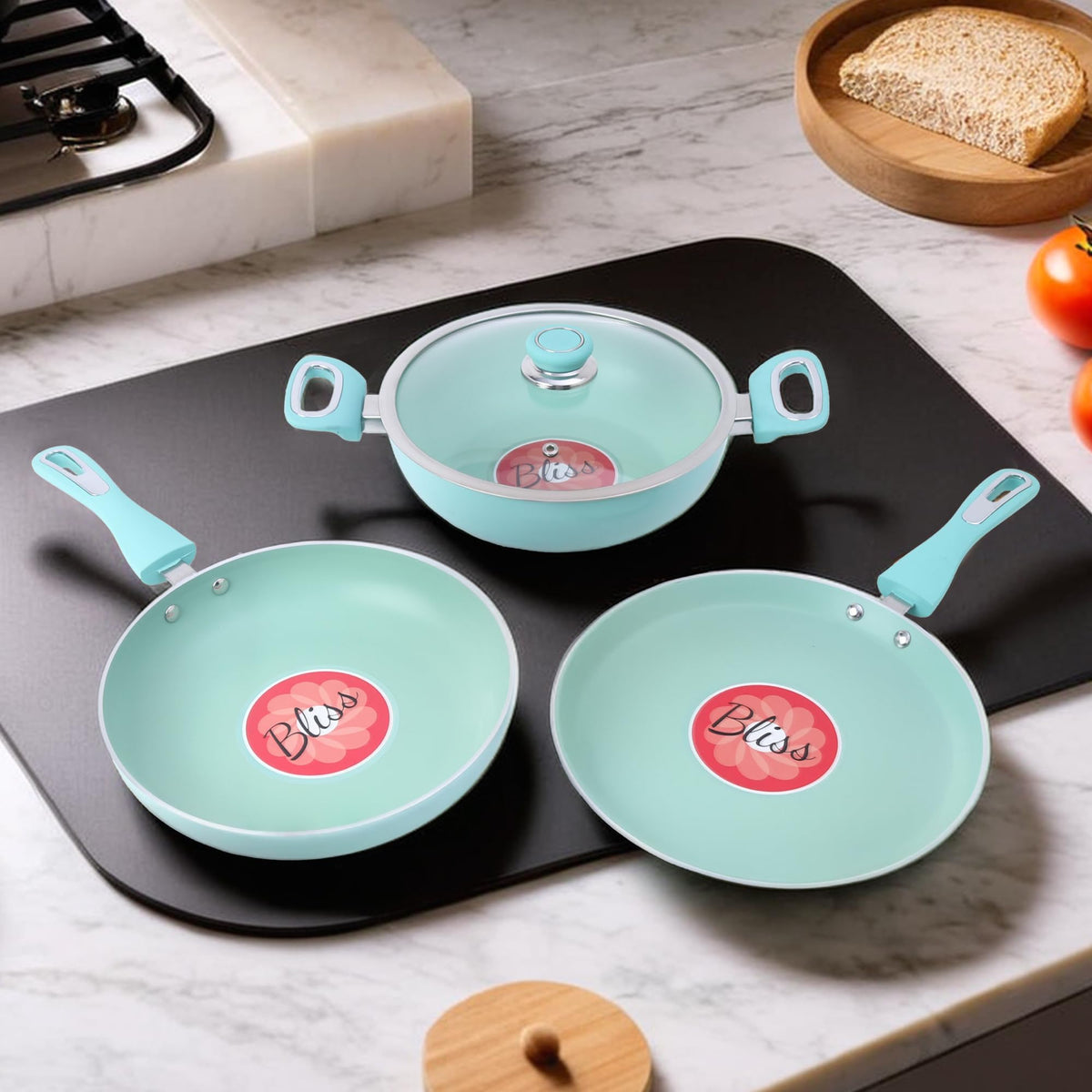 UMAI Non Stick Cookware Set: Green Pot and Pan Set (3 Pieces) | Gas & Induction Compatible