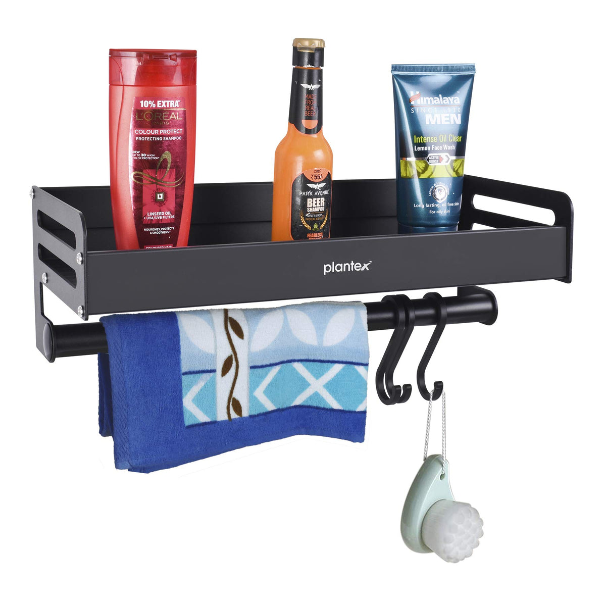 Plantex Aluminium Multipurpose Bathroom Shelf with Towel Rod with movable Hooks/Bathroom Shelf Rack/Organizer for Bathroom Accessories - Wall Mount (Black)