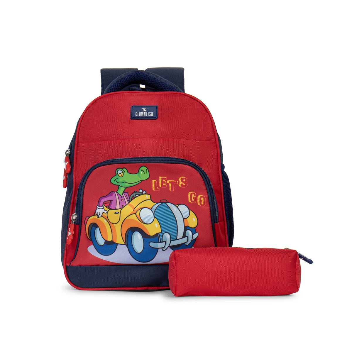 THE CLOWNFISH Mini Explorer Series Printed Polyester 12 Litres Kids Backpack School Bag with Pencil Staionery Pouch Daypack Picnic Bag for Tiny Tots. Age 3-5 Years (Red - Car)