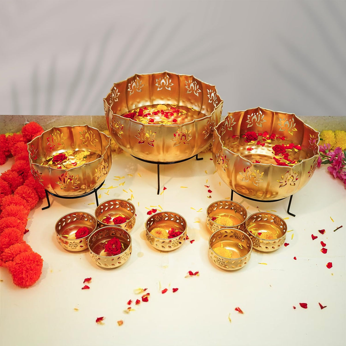 Ekhasa Big Combo Pack Urli Bowl Set with Stand for Home Decor and Decorative Items (includes 3 Bowls, 3 Stands, 7 Tealight Holders) | Floating Flowers Water Bowl for Diwali Pooja, Festival Decoration