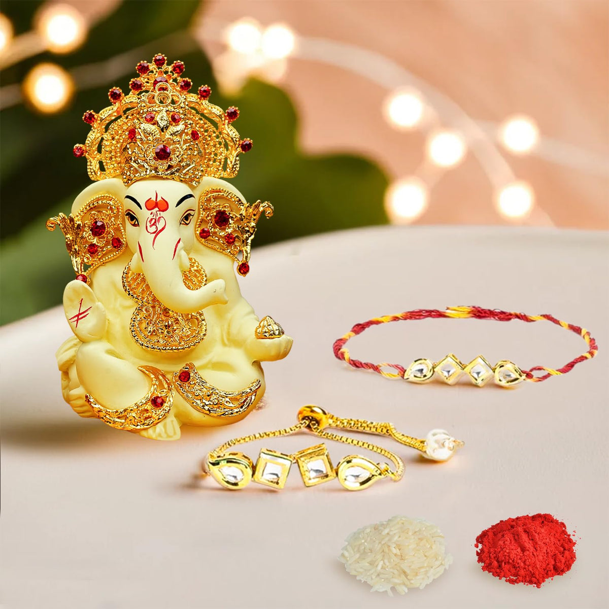 Ekhasa Rakhi Gift Set for Brother | Bhaiya Bhabhi Raakhi with Ganesha Idol Combo | Designer Lumba Rakhis | Raki for Kids Bracelet for Men, Women | Rakshabandhan Rakhee Combo Kit with Roli & Chawal