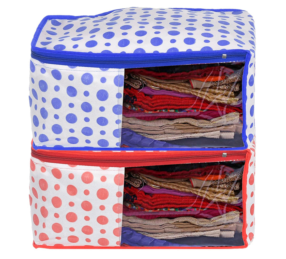 Kuber Industries Dot Printed Non-Woven Blouse Cover, Cloth Organizer, Wardrobe Organiser With Tranasparent Window- Pack of 2 (Blue & Pink)-46KM0312