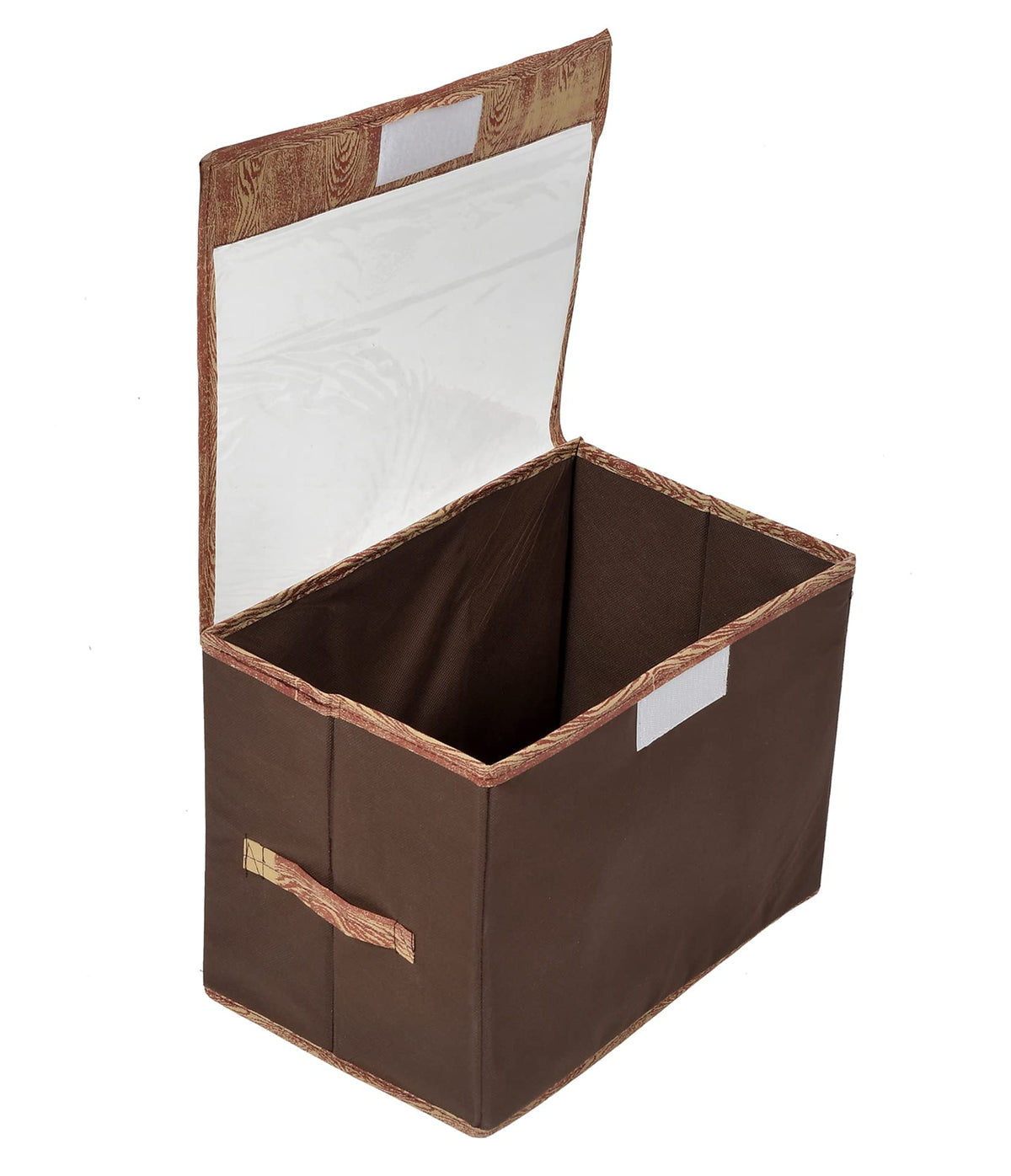 Kuber Industries Wooden Design Foldable Small Non-Woven Storage Box|Tranasparent Lid|Durable Handles|Size 35 x 18 x 22 CM (Brown)-44KM0430, Rectangular