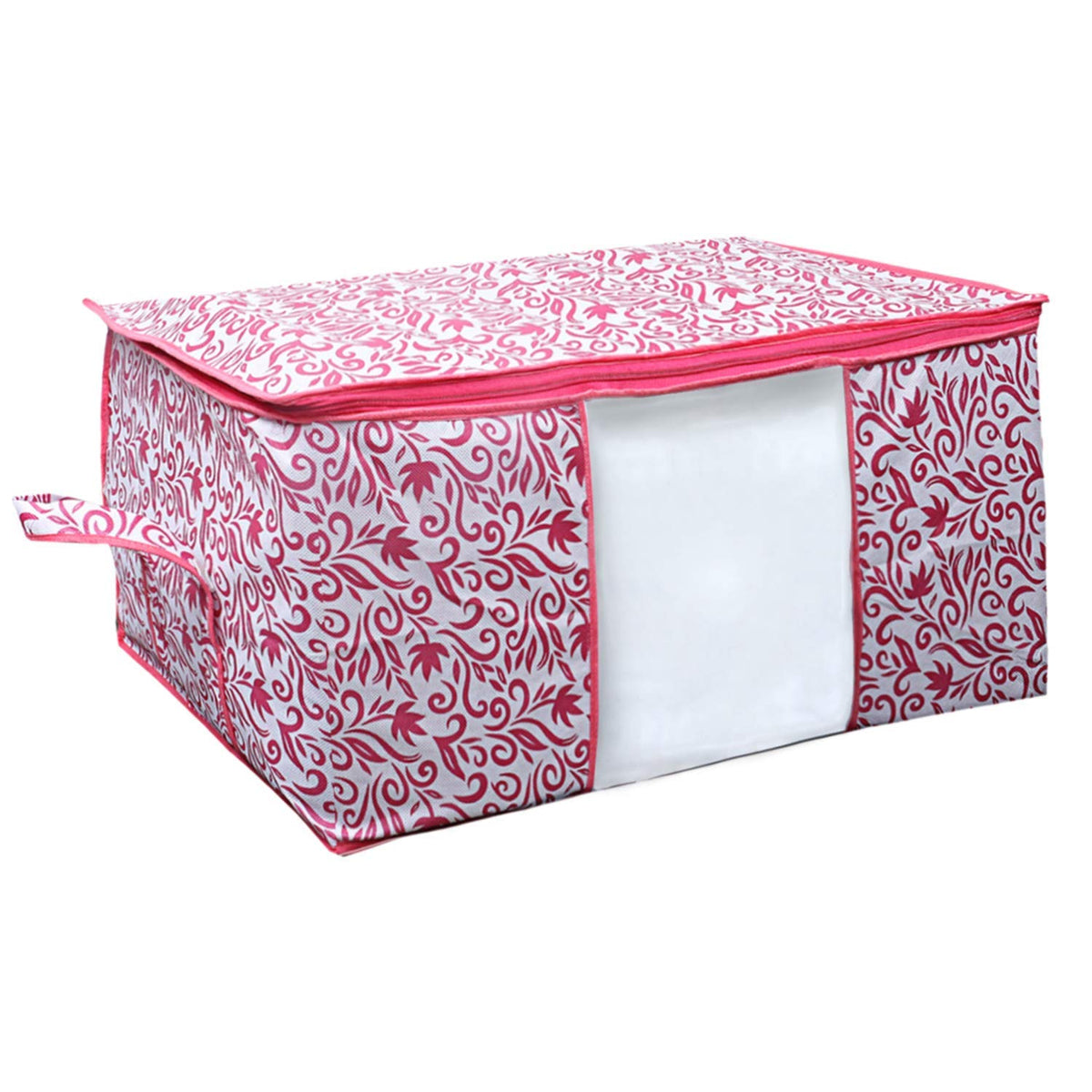 Kuber Industries Leaf Design Non Woven Underbed Rectangular Storage Bag, Organiser, Blanket Cover (Pink, Standard, CTKTC021200)