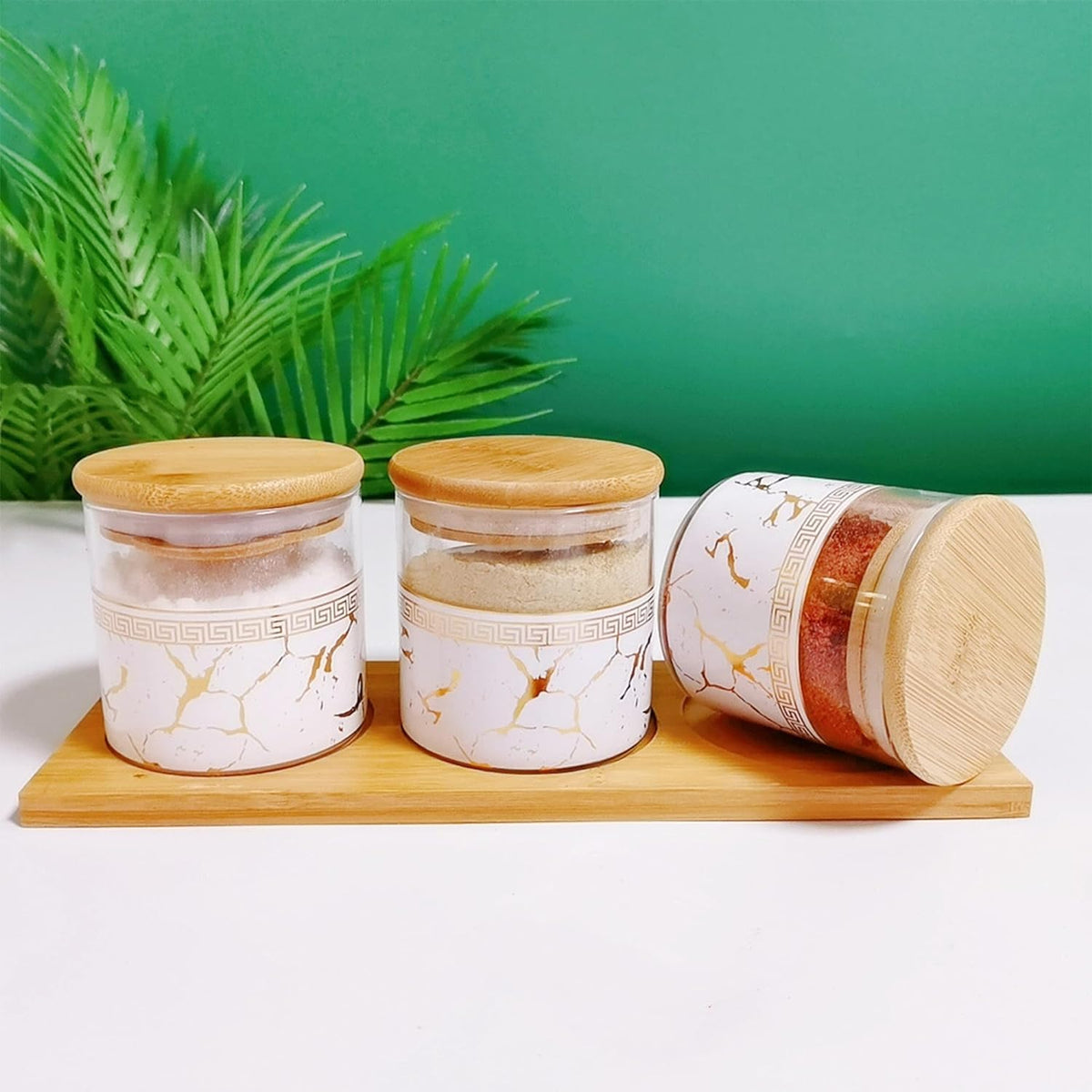 Kuber Industries Borosilicate Glass Containers with Bamboo Lid and Tray|Kitchen Organizer Items and Storage|Multipurpose Airtight Containers|3 Pieces Kitchen Containers Set-850ml Each