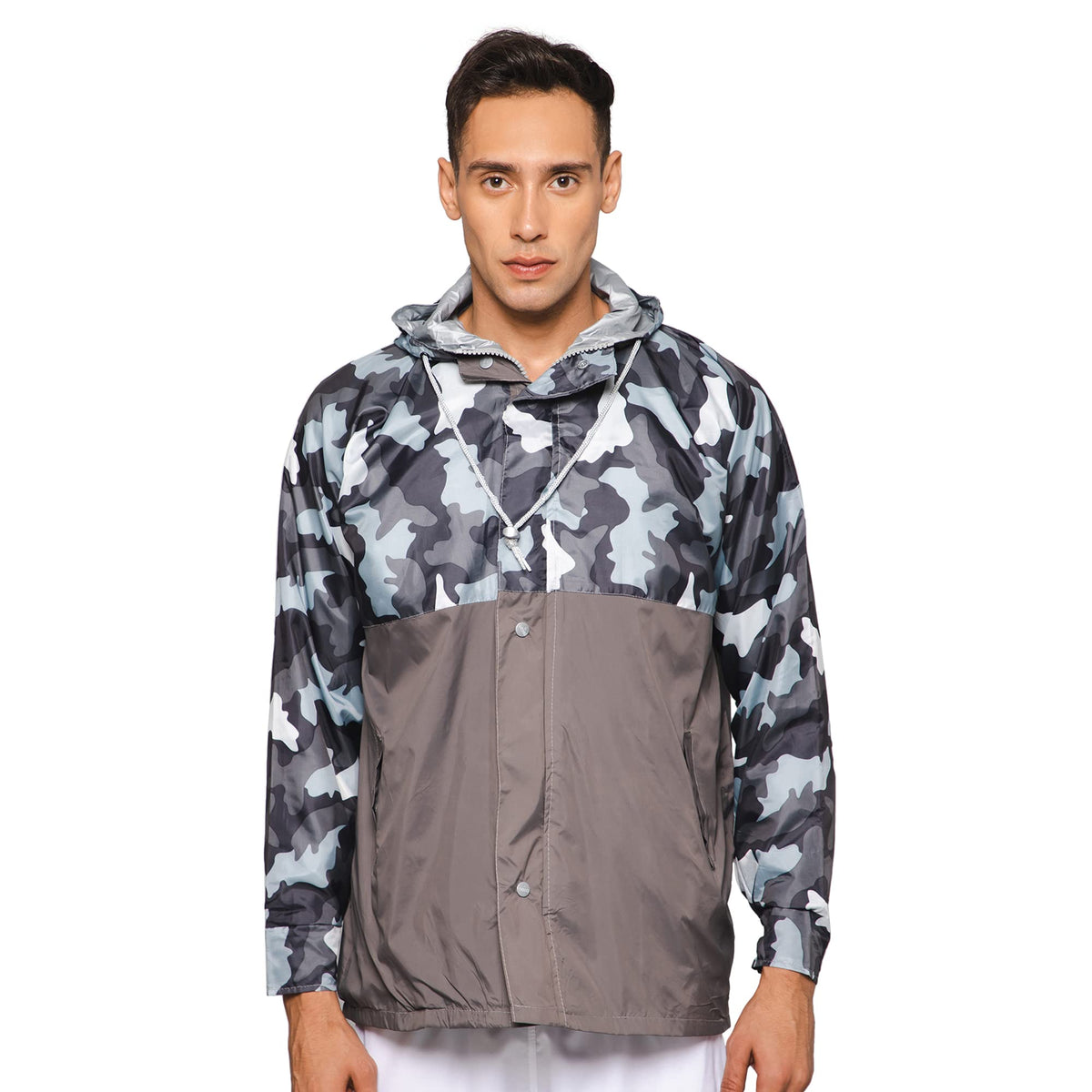 THE CLOWNFISH Napoleon Series Men's Waterproof Nylon Double Coating Reversible Rain Jacket with Hood and Reflector Logo at Back. Printed Plastic Pouch with Rope (Grey, XX-Large)