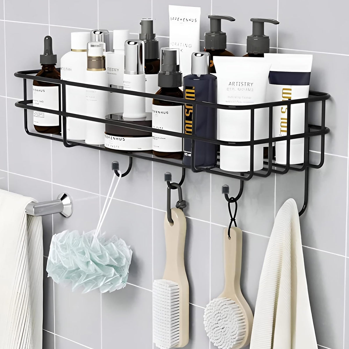 UMAI Bathroom Shelf for Wall | Self Adhesive Bathroom Shelf with Towel Holder & Hooks | Bathroom Racks and Shelves | Wall Mounted Shelf for Bathroom | Bathroom Accessories | Bathroom Rack (Black)