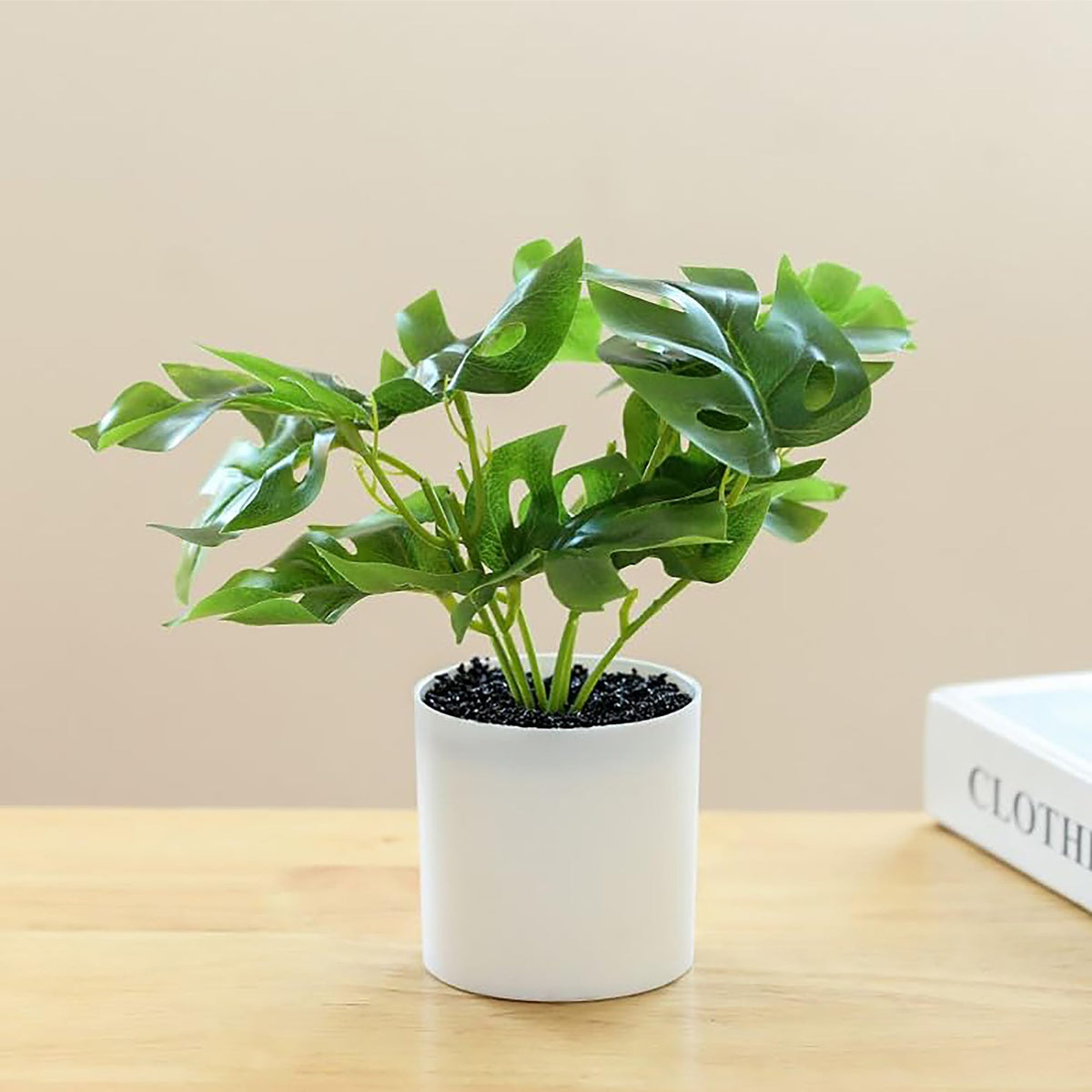 UMAI Artificial Plant with Pot 22cm Height | 6 Green Leaves | Plastic Plants for Home Decor Office Desk Bedroom | Natural Look for Decoration.