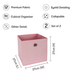 Anko Polyester Foldable Storage Box for Clothes, Books, Toys | Set of 2 | Sturdy, Durable Fabric with Strong Eyelets | Collapsible Organizer for Home, Office, Bedroom | Sparkle Pink | 10.6 inches