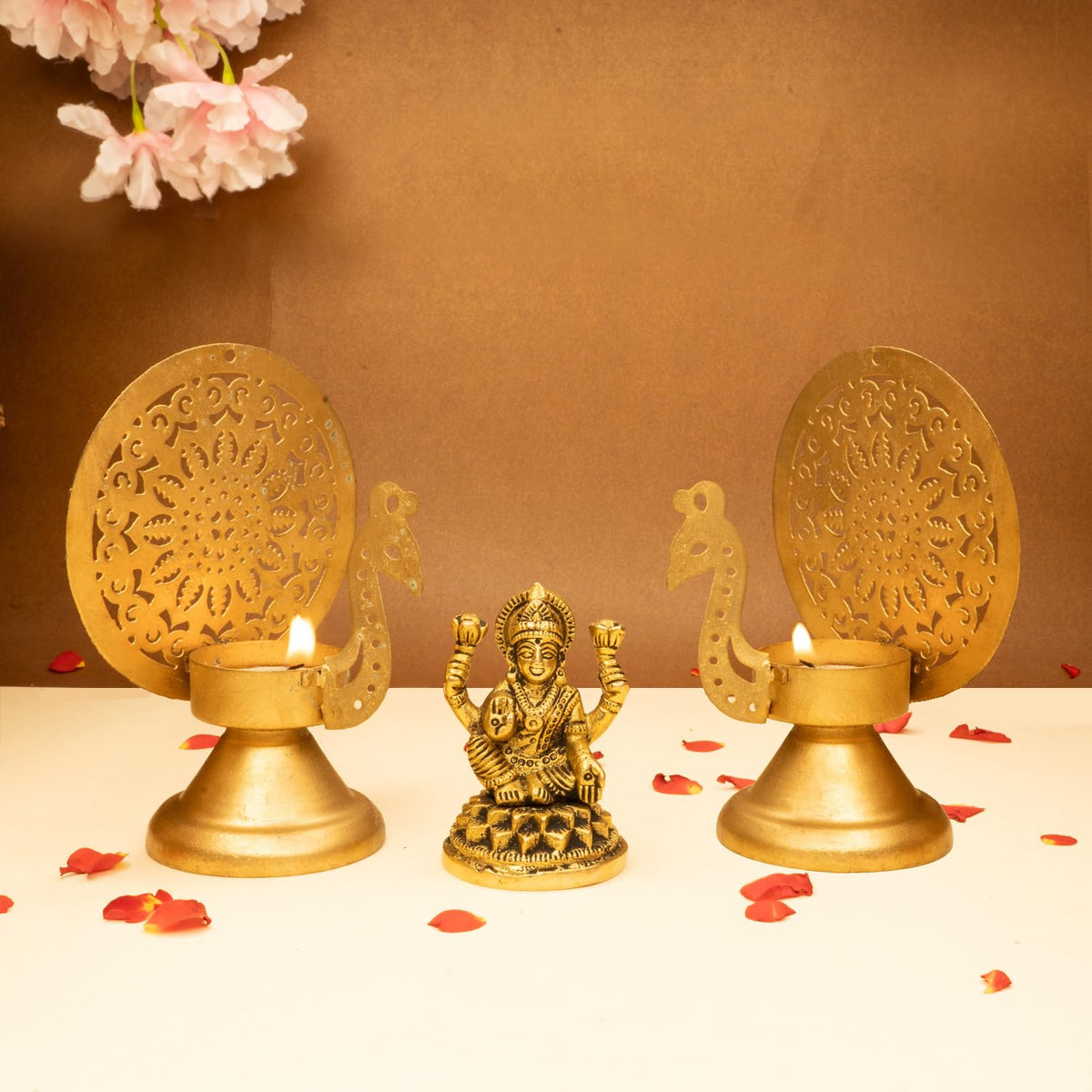 Ekhasa 100% Pure Brass Lakshmi Devi Idol & Tealight Candle Holder (8.4cm) | Goddess Laxmi Idol for Pooja Room, Home, Car Dashboard, Office Desk | Varalakshmi Puja Idol for Diwali (Combo)