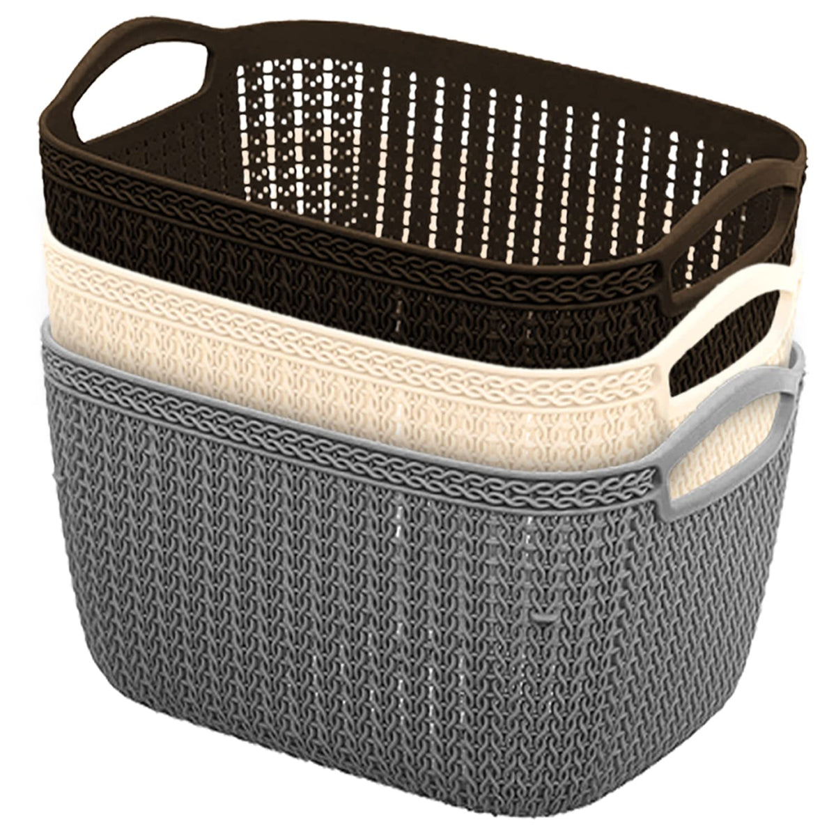 Heart Home Q-6 Multiuses Designer Unbreakable Plastic Storage Basket/Organizer/Bin For Home, Kitchen, Bathroom, Office Use Pack of 3 (Grey & Beach & Brown)-50HH01705