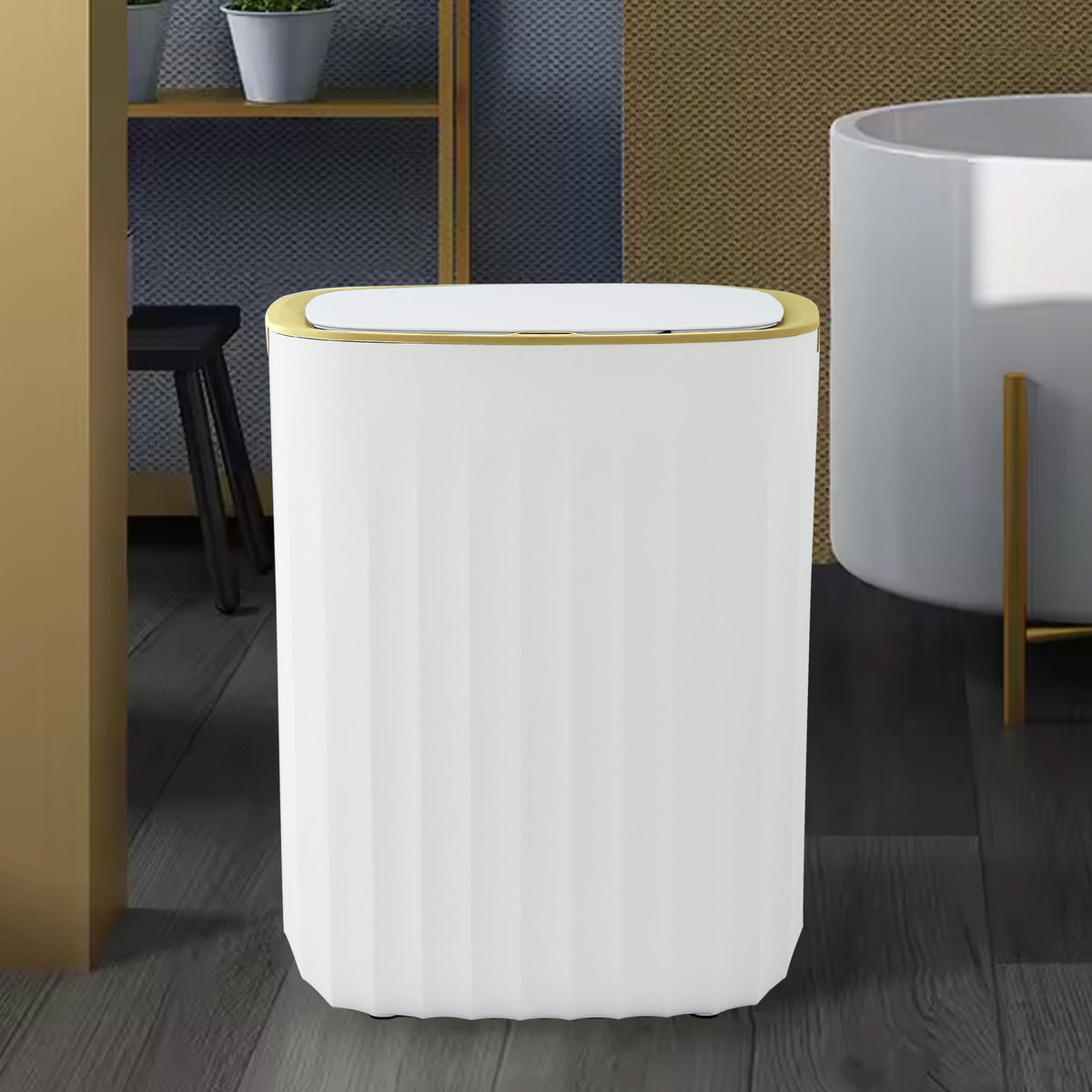 UMAI Oval Dustbin With Lid | 12L | Dustbin For Kitchen | Sensor Dustbin | Waterproof | Dustbin For Bathroom | Dustbin For Bedroom | Dustbin For Home & Office | White-Gold