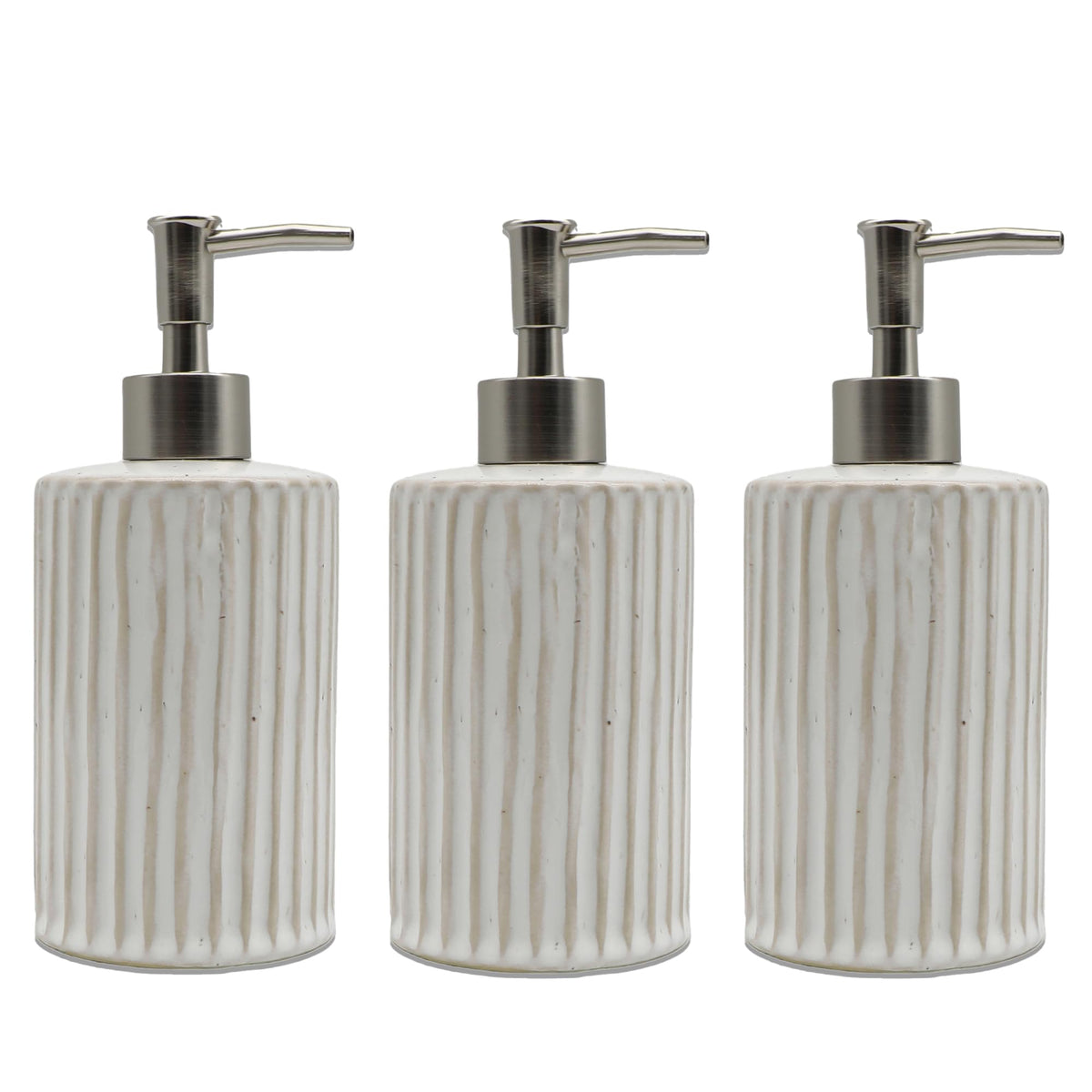 Anko Soap Dispenser Reactive Lined - Set of 3- Stylish Ceramic Bath Accessory Set | Durable Plastic Sprayer | Natural Finish | 18.5x8.2cm