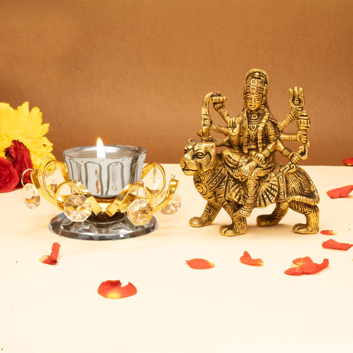 Ekhasa Pure Brass Durga Maa Idol & Tealight Candle Holder (12.8cm) | Durga MATA Murti for Home Decor, Puja Room | MATA Rani Murti for Office Desk | Maa Durga Idol for Gift | Sherawali Ma (Combo)