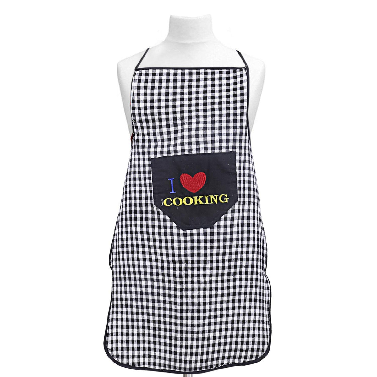 Kuber Industries Checkered Design Cotton Waterproof Apron with Front Pocket (Black)-CTKTC29848