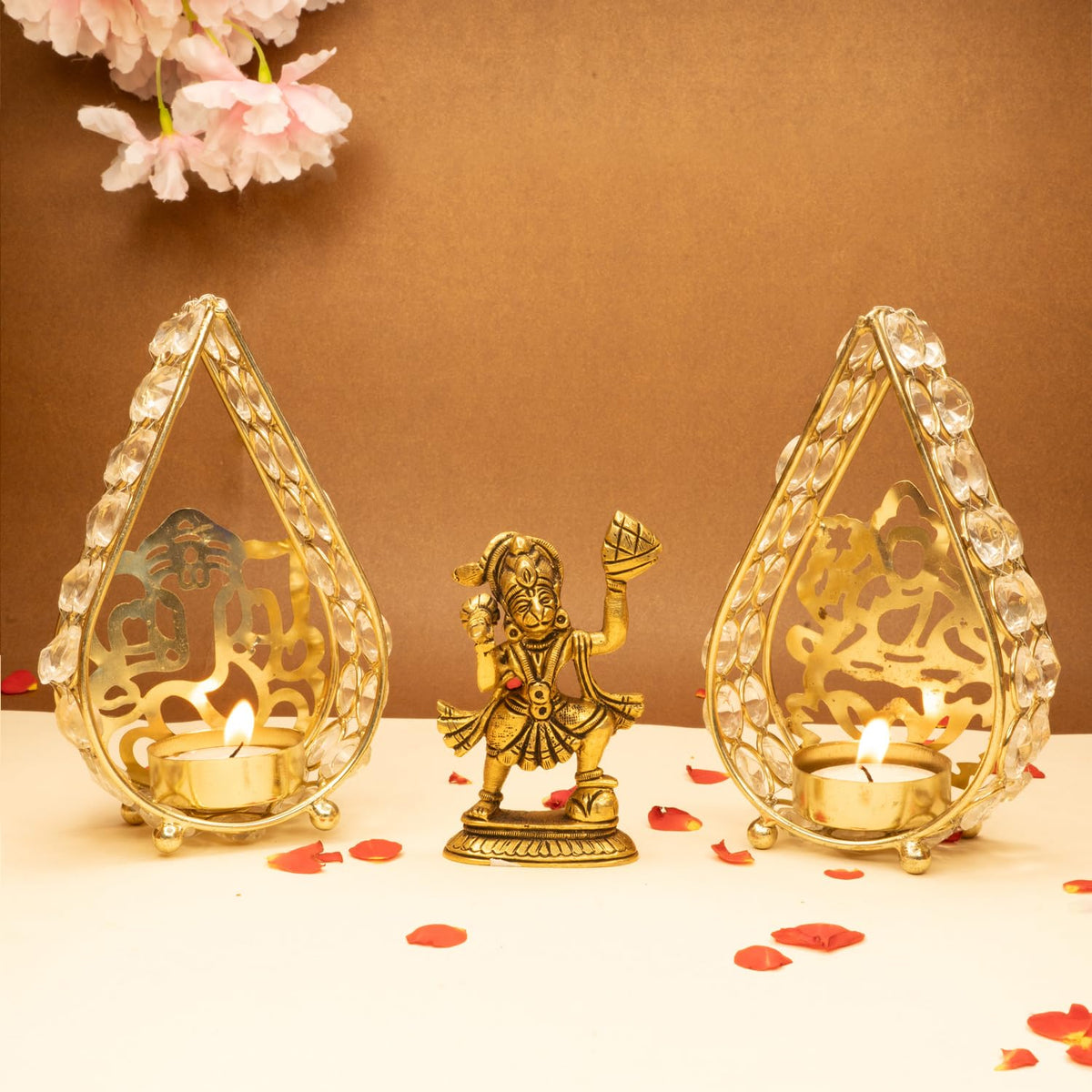 Ekhasa 100% Pure Brass Hanuman Ji Murti & Ganesh Tealight Candle Holder for Home Puja (8.4 cm) | Lord Hanuman Idol for Desk, Car & Home Decor | Bajrangbali Murti | Bahubali Hanuman Idol (Combo Set)