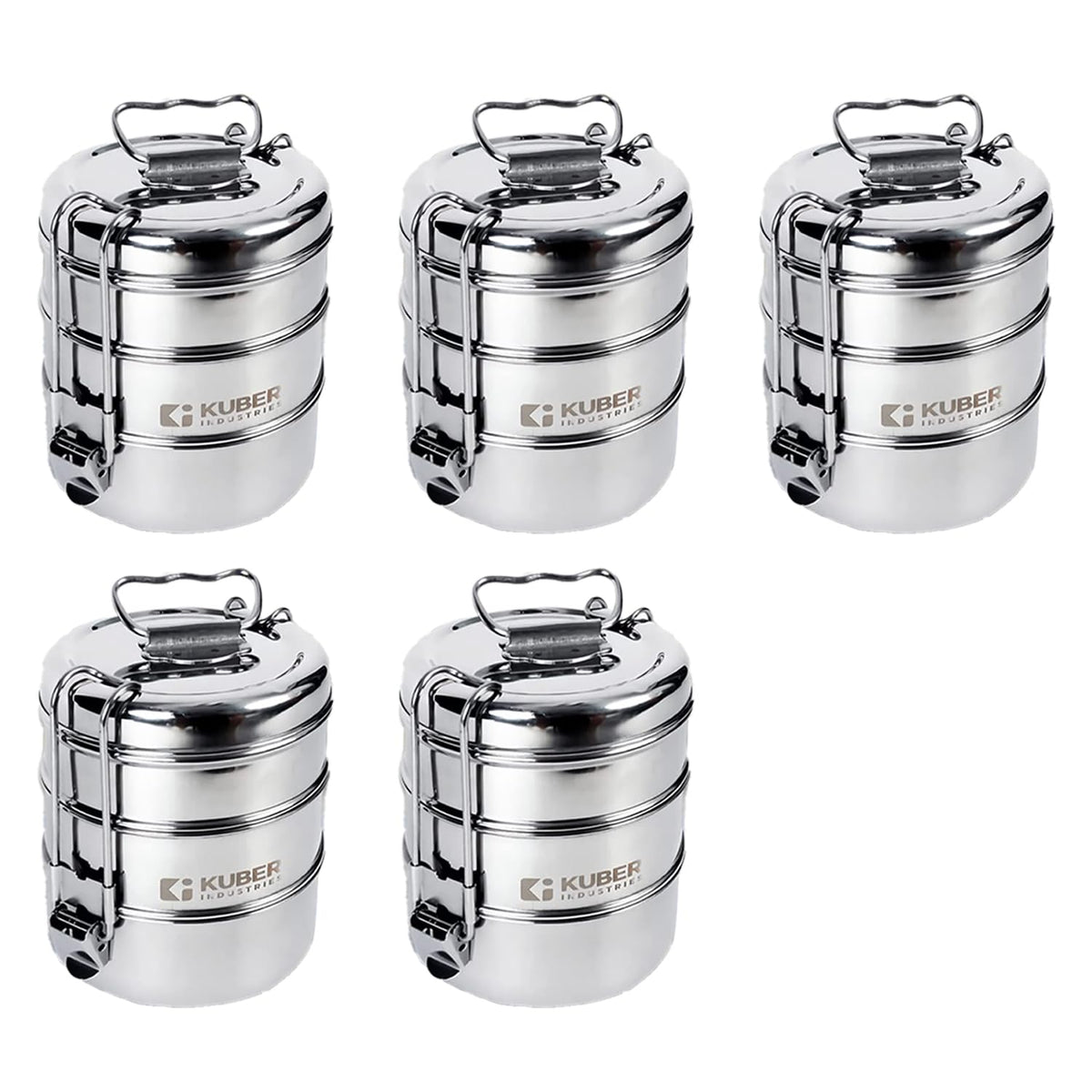 Kuber Industries Pack of 2 Clipper Stainless Steel Tiffin Box | Lunch Box with Locking Clip I Silver | Set of 3 Box | Everyday use Home Office Steel Lunch Box (3 Container, 1000ml)
