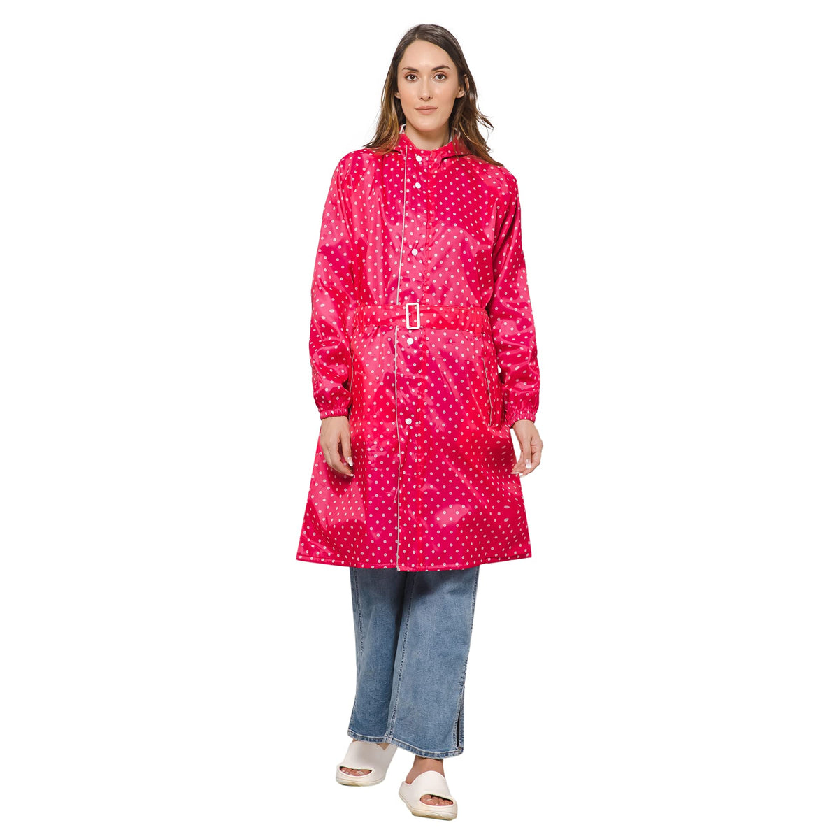 THE CLOWNFISH Raincoats for Women Rain Coat for Women Longcoat Raincoat for Ladies Waterproof Reversible Double Layer. Dotty Delight Series (Dark Pink, XXX-Large)