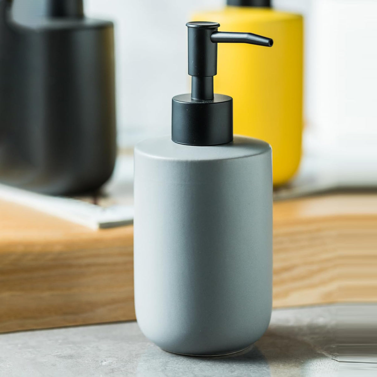 Homestic Liquid Soap Dispenser | Stoneware | Bathroom Sanitizer,Shampoo Dispenser | Ceramic Handwash Bottle for Kitchen | Soap Dispenser for Wash Basin | Bathroom Accessories | 350ml (Grey)