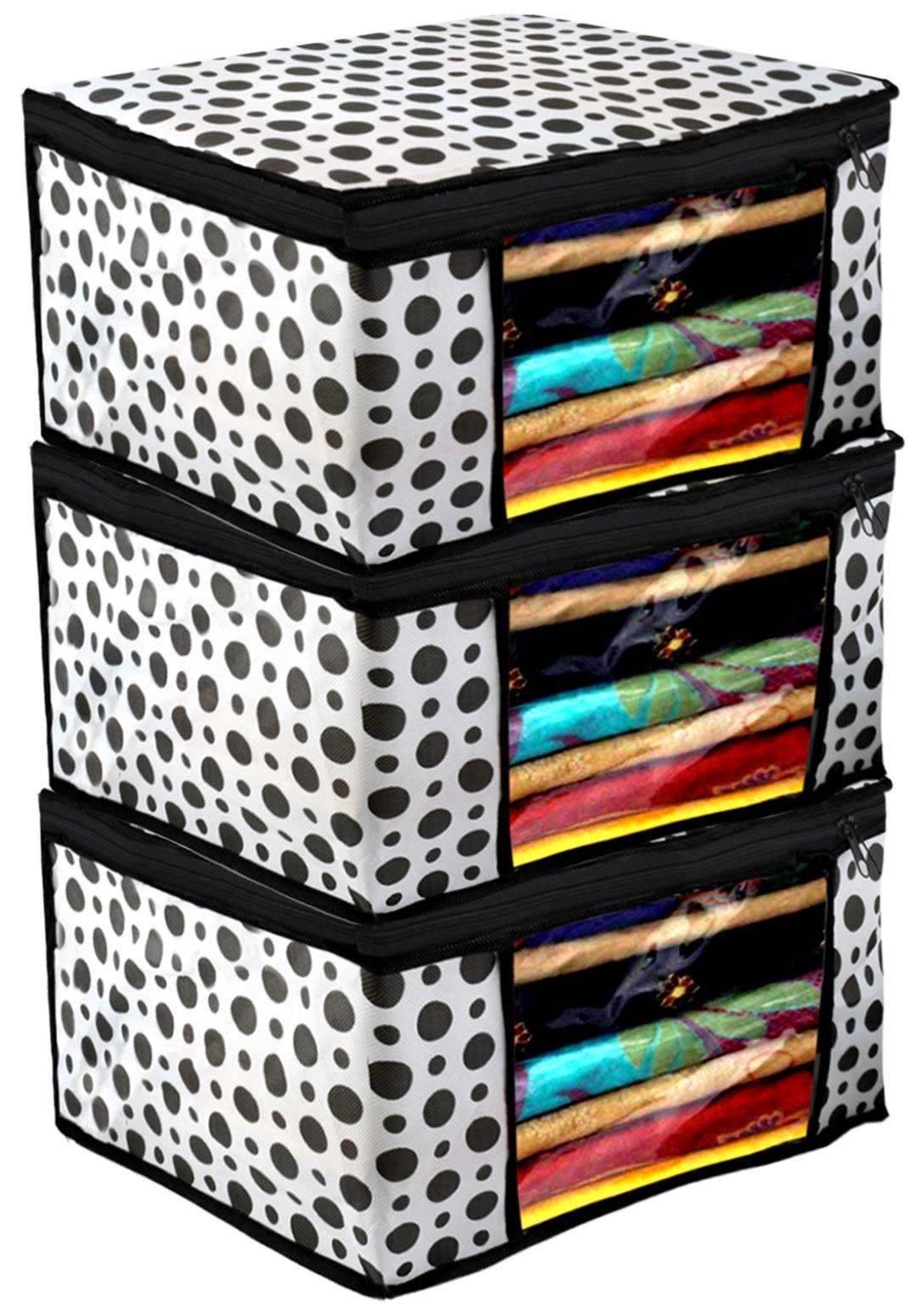 Kuber Industries Polka Dots Design Non-woven Foldable Saree Cover|Clothes Storage Bag/Wardrobe Organizer|Zipper Closer With Transparent Window|Size 46 x 32 x 22 CM|Pack of 3 (Black & White)