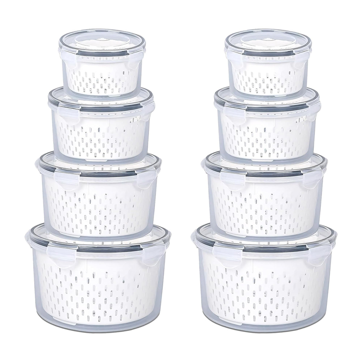 Kuber Industries 8 Pcs Food Containers | Round Storage Box for Fridge | Vegetable Fruit Strainer Basket | Refrigerator Storage Box | Containers With Airtight Lid | HXP00285 | Transparent| Pack of 2