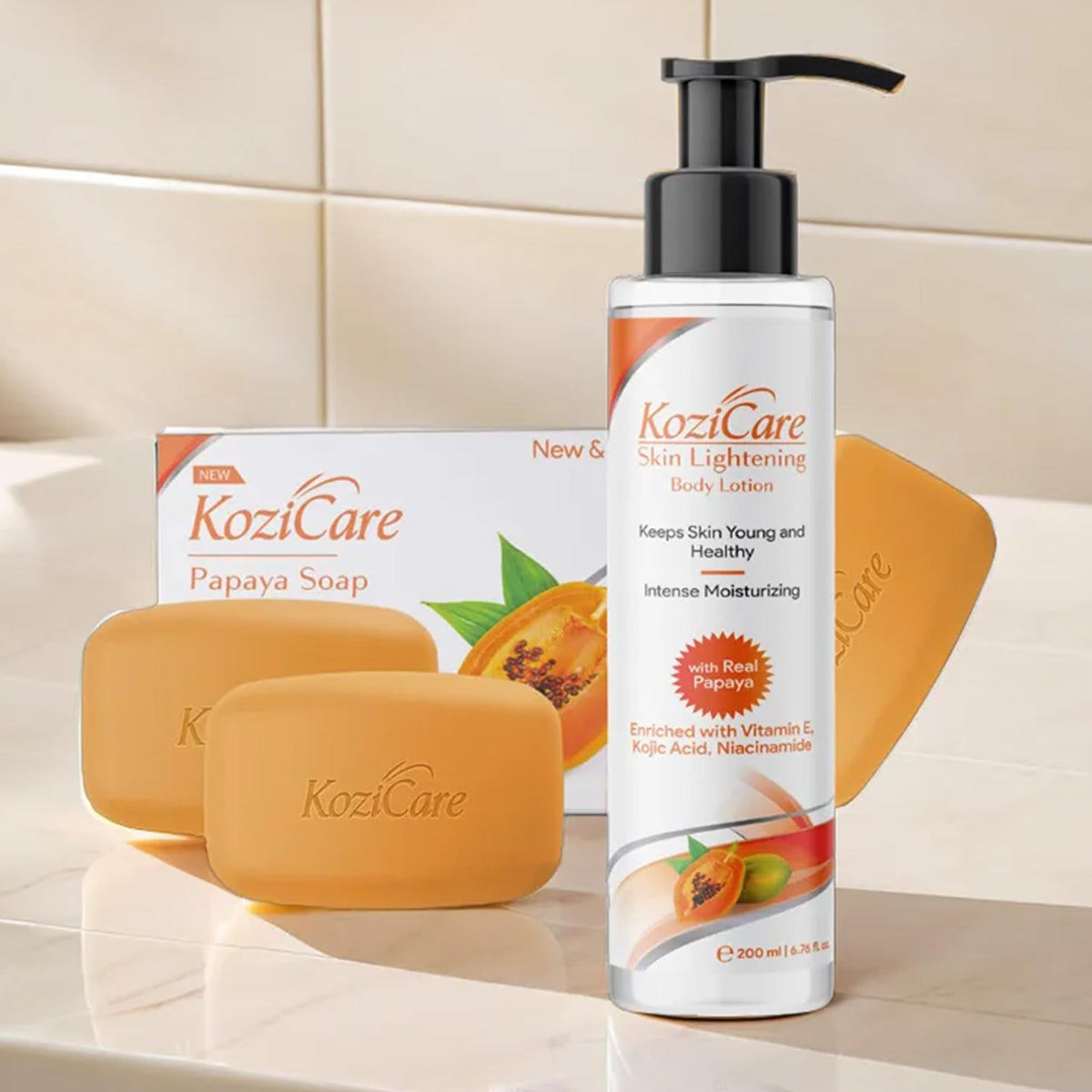 Kozicare Skin Whitening Soap | 3 Papaya Soaps & 1 Papaya Body Lotion for Summer | Soaps for Bath | Kojic Acid Soap | Bath Soap Combo Offers | Shop Bath Soap & Body Lotion for Women | Moisturizer for Body