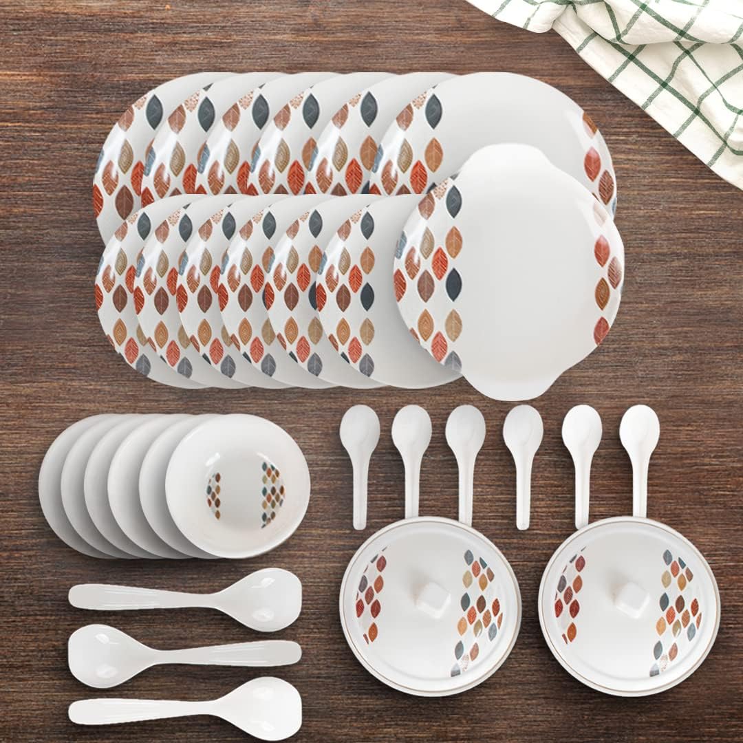 Kuber Industries 32 Pieces Round Melamine Microwave & Dishwasher Safe Dinnerware Kitchen Crockery Set | Glossy Dinner Sets & Kitchen Set for Home | Stylon Leaf Dots - White