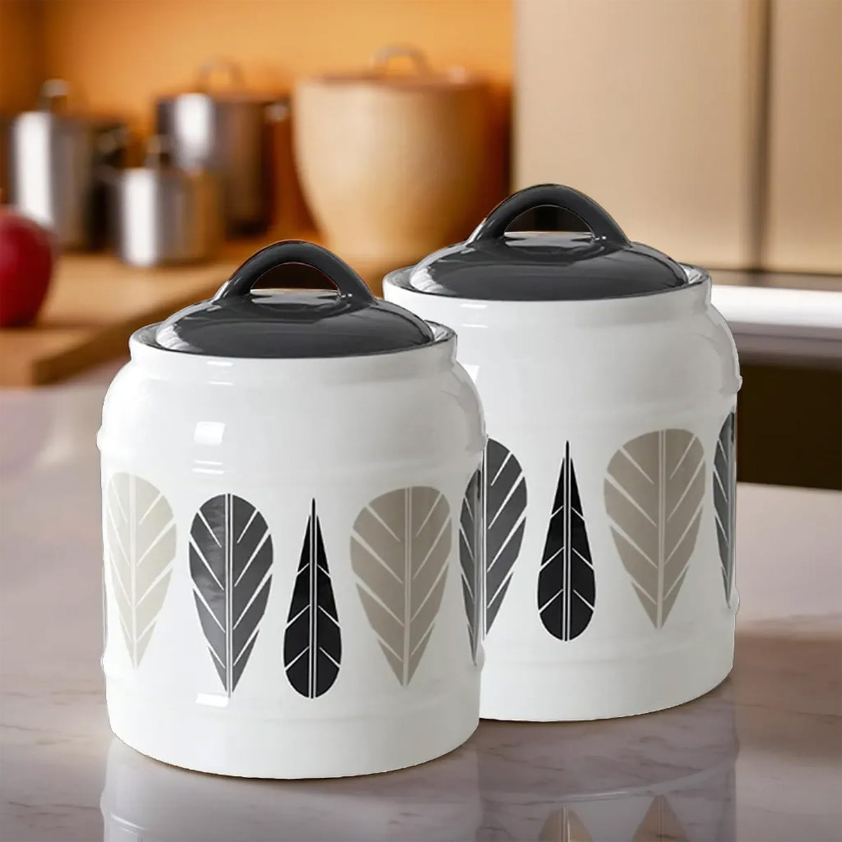 UMAI Ceramic Jars for Kitchen Storage with Lid | Multipurpose Jars for pickle, grains, pulses | 2.5 liter | Grey & White | Printed | Pack of 2