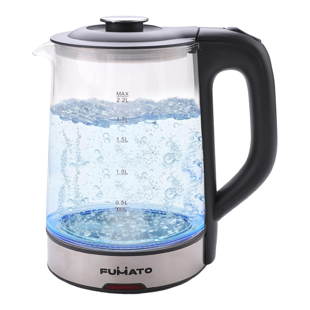 FUMATO 2.2L Glass Kettle Electric- 1500W | Borosilicate Glass Body, Stainless Steel Bottom, Multipurpose, Easy to Clean With LED Indicator, Auto Shut Off With Dry Boil Protection