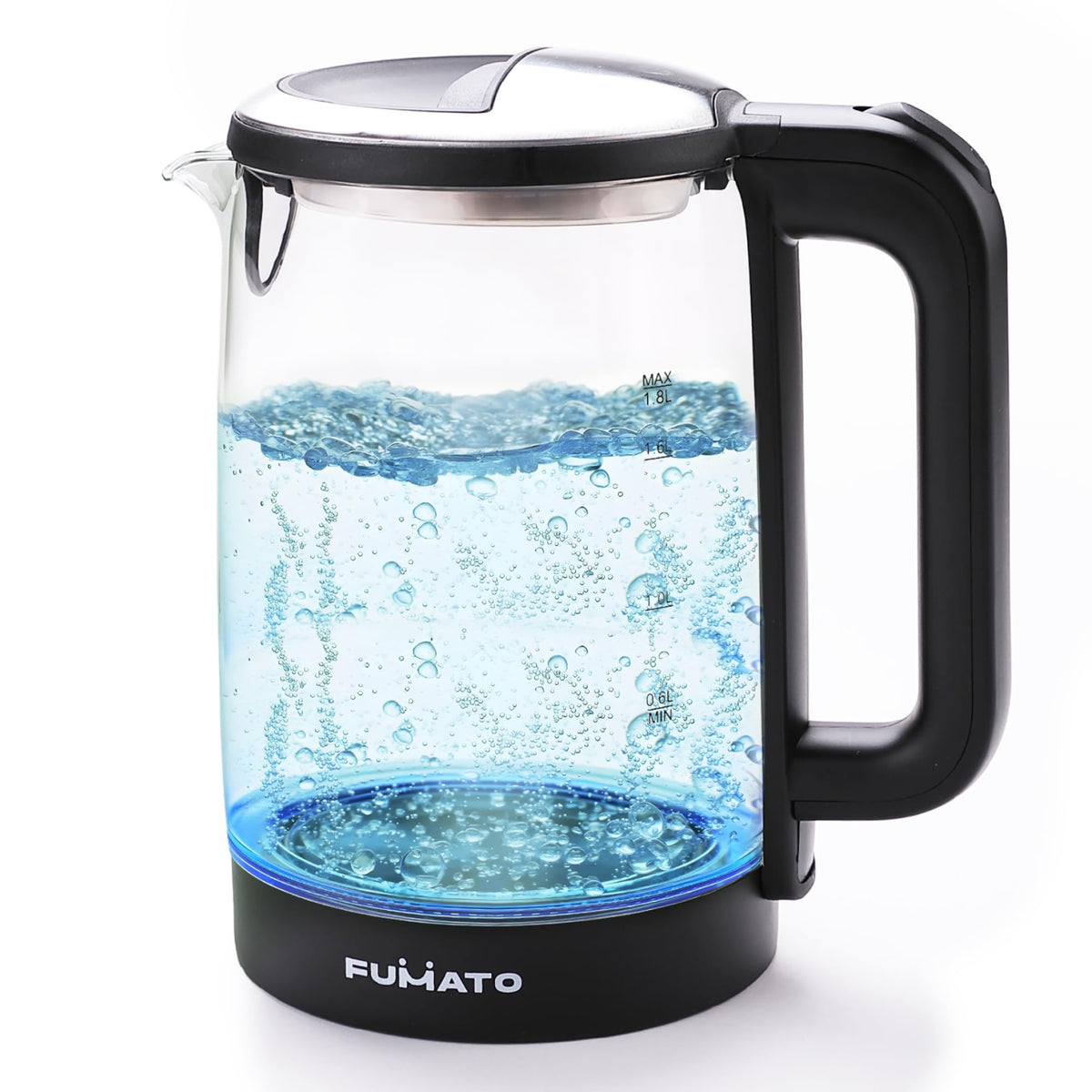 FUMATO 1.8L Glass Kettle Electric- 1500W | Borosilicate Glass Body, Stainless Steel Bottom, Multipurpose, Easy to Clean With LED Indicator, Auto Shut Off With Dry Boil Protection