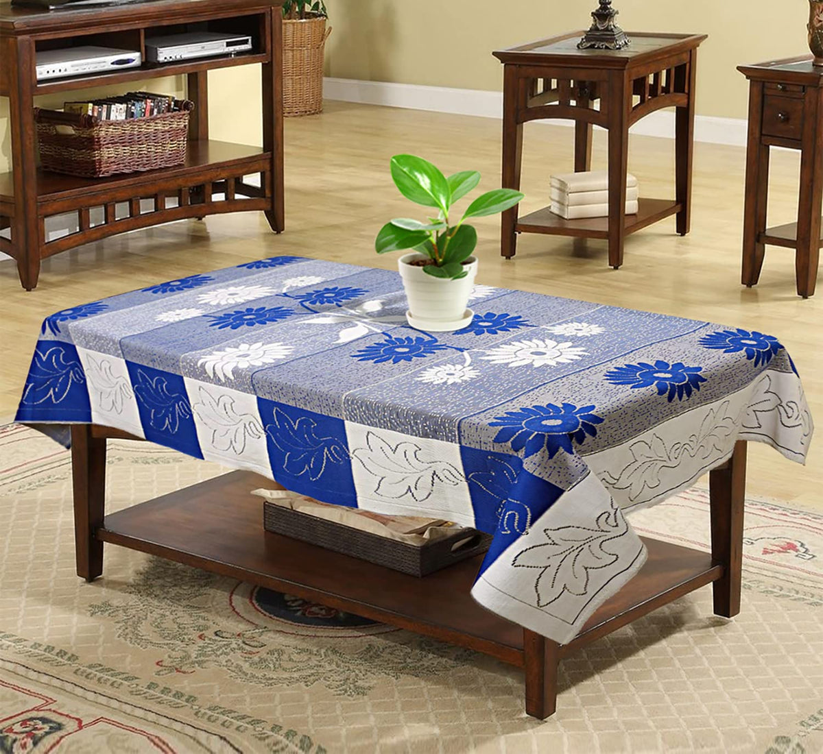 Kuber Industries Flower Printed Cotton 4 Seater Center Table Cover,40"x60" (Blue)-44KM085