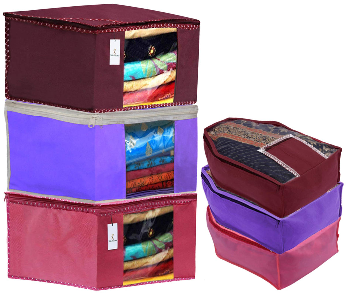 Kuber Industries Non Woven Cloth Wardrobe Organizer Set|3 Piece Saree Cover|3 Pieces Blouse Cover Combo Set (Pink & Maroon & Purple)