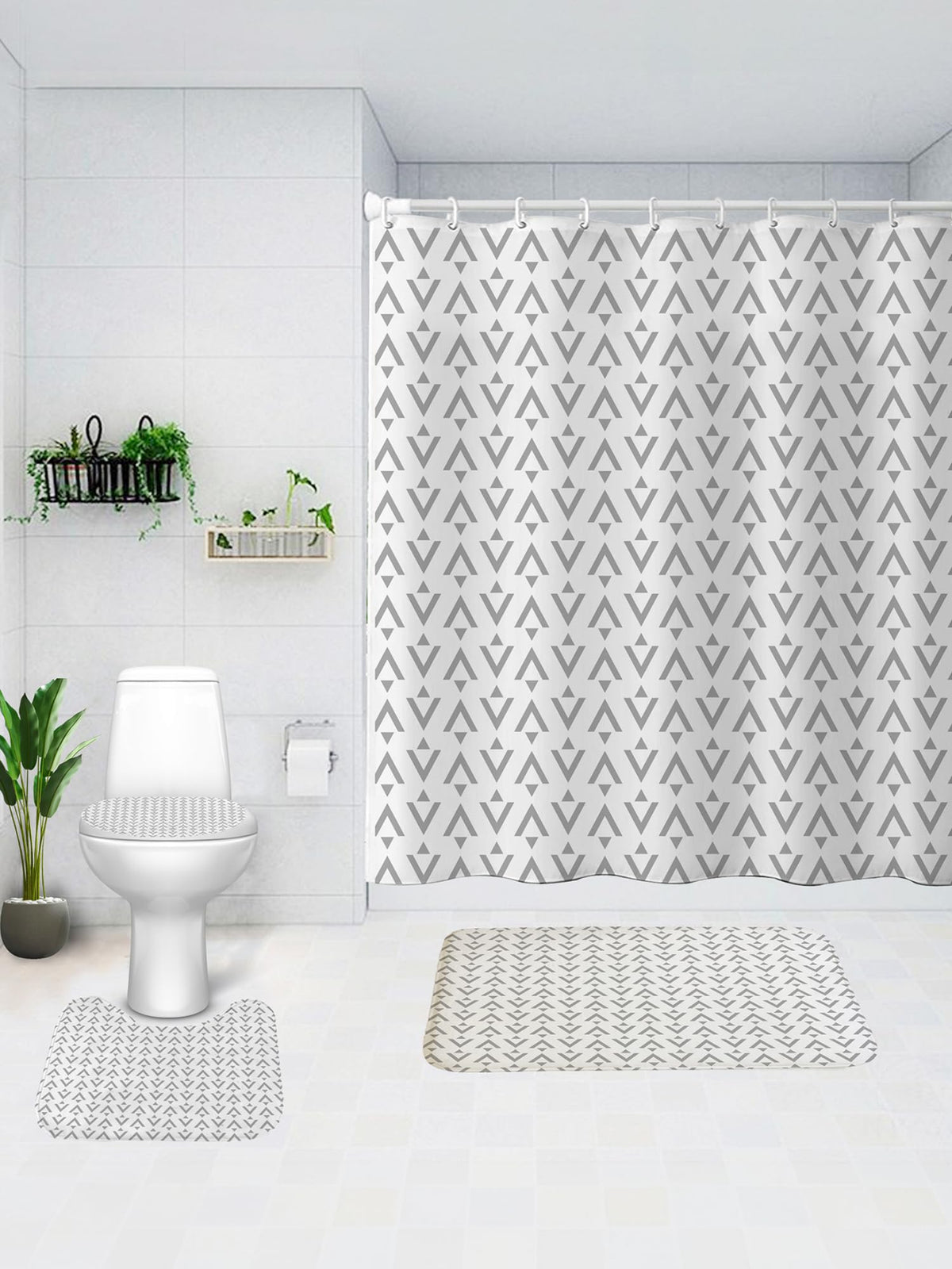 SAVYA HOME Shower Curtain (1) & Bathroom Mat (2) Set, Shower Curtains for Bathroom I, Waterproof Fabric I Anti Skid Mat for Bathroom Floor I Grey Aztec Print, Pack of 3