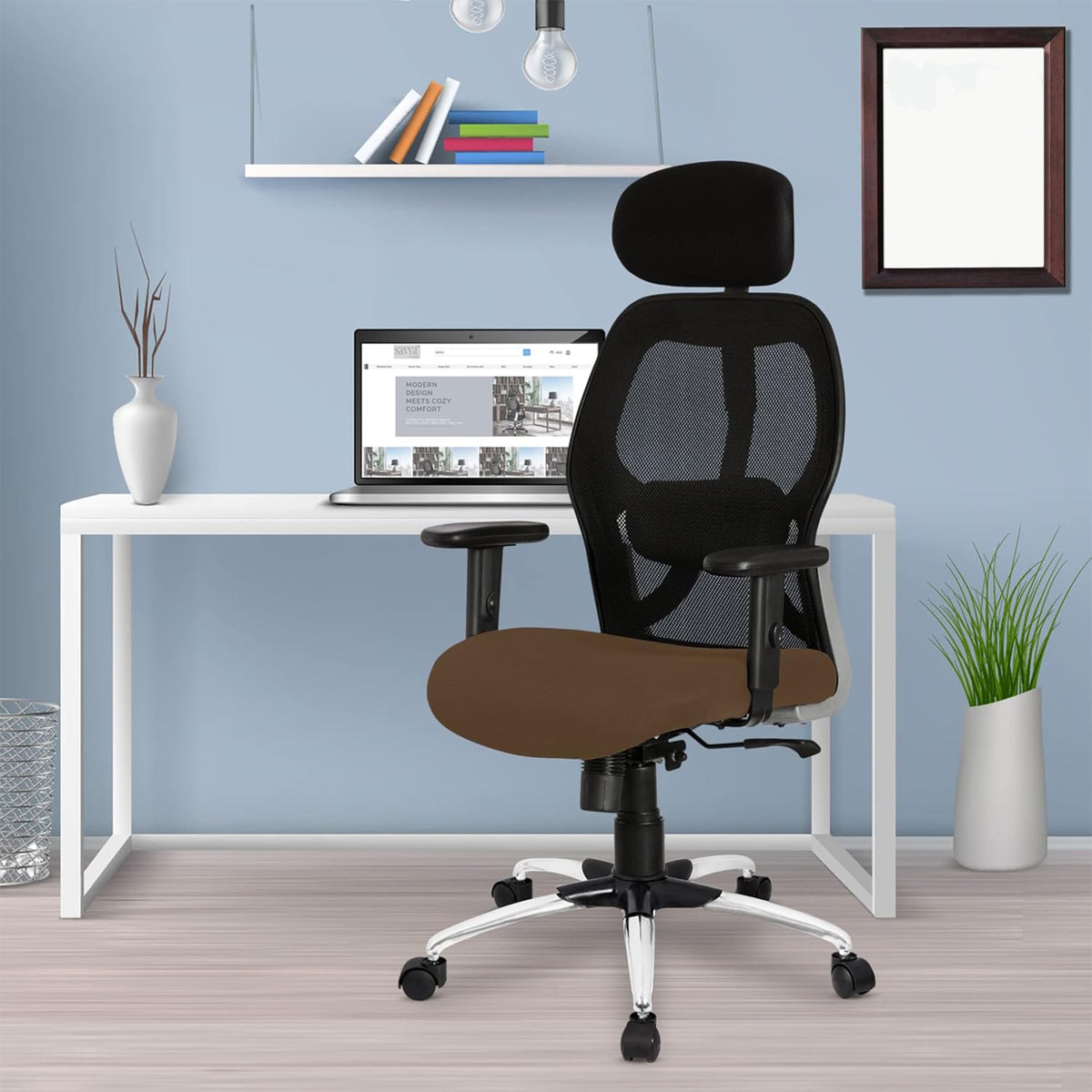 Kuber Industries Ergonomic Office Chairs for Work from Home | Comes with Manual Height Adjustable, Armrest, Headrest & Lumbar Support | Comfy Study Chair for Students with Wheels | Black & Beige Seat