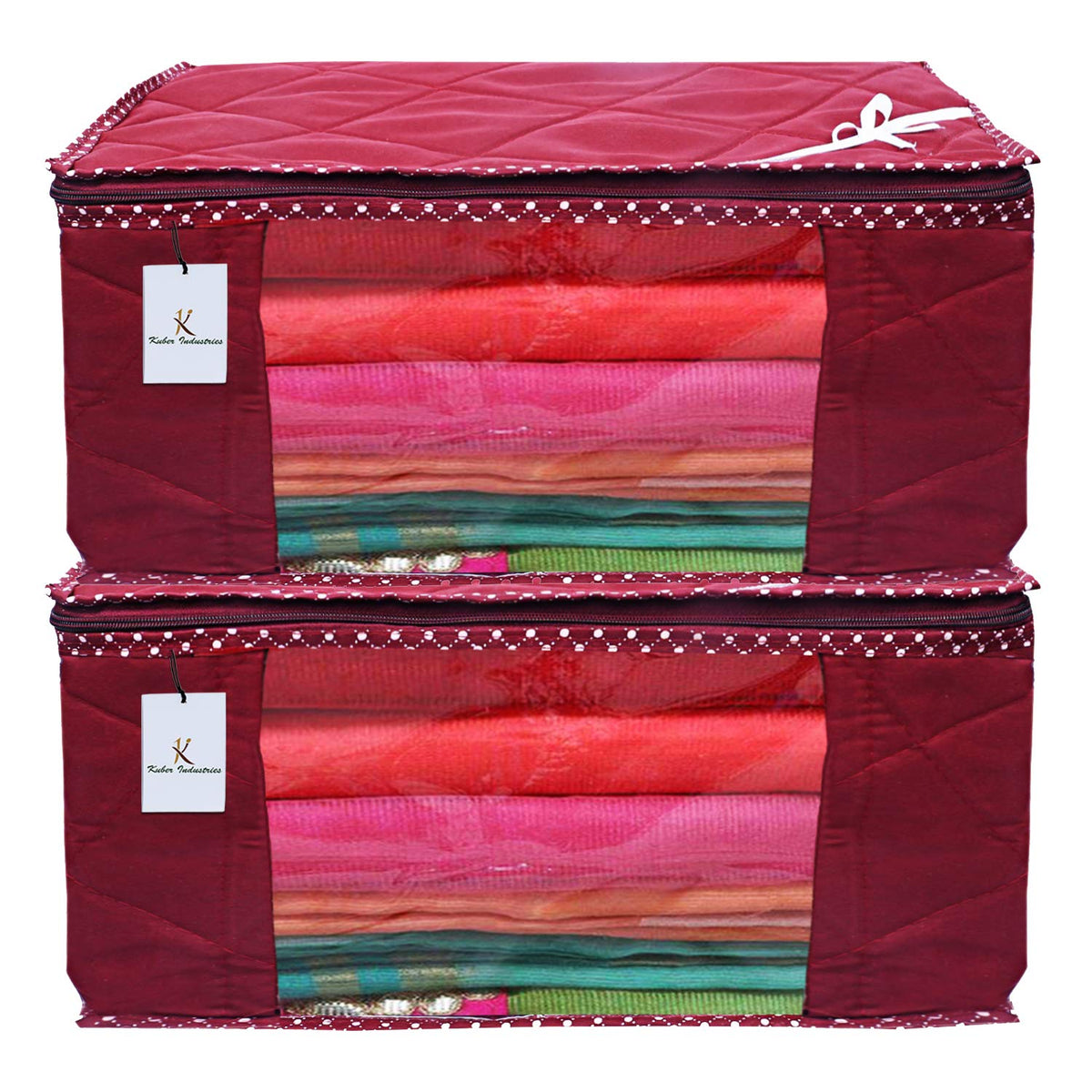 Kuber Industries 3 Layered Quilted 2 Pieces Cotton Saree Cover Set (Maroon) - CTKTC23169