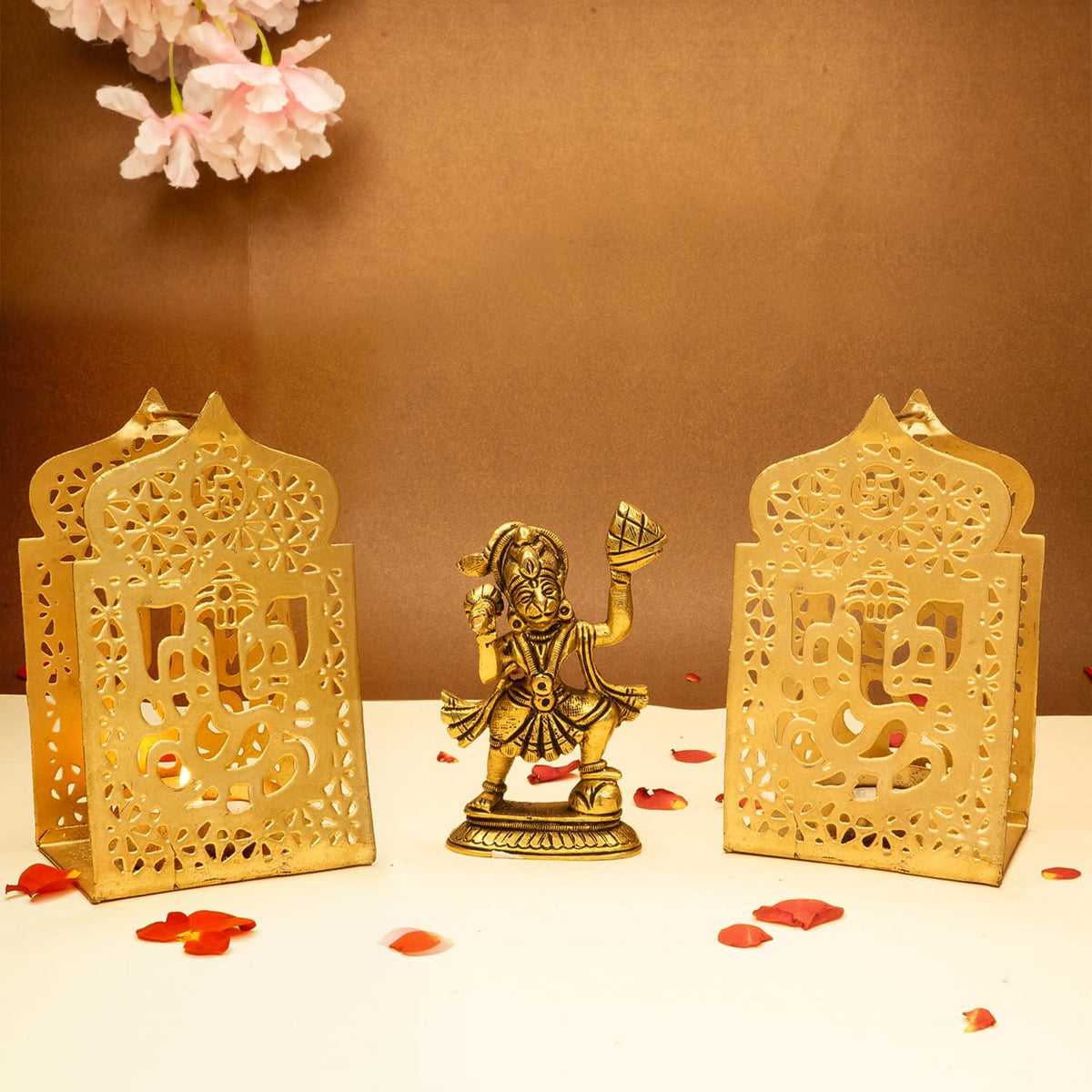 Ekhasa 100% Pure Brass Hanuman Ji Murti & Ganesh Tealight Candle Holder for Home Puja (8.4 cm) | Lord Hanuman Idol for Desk, Car & Home Decor | Bajrangbali Murti | Bahubali Hanuman Idol (Combo Set)