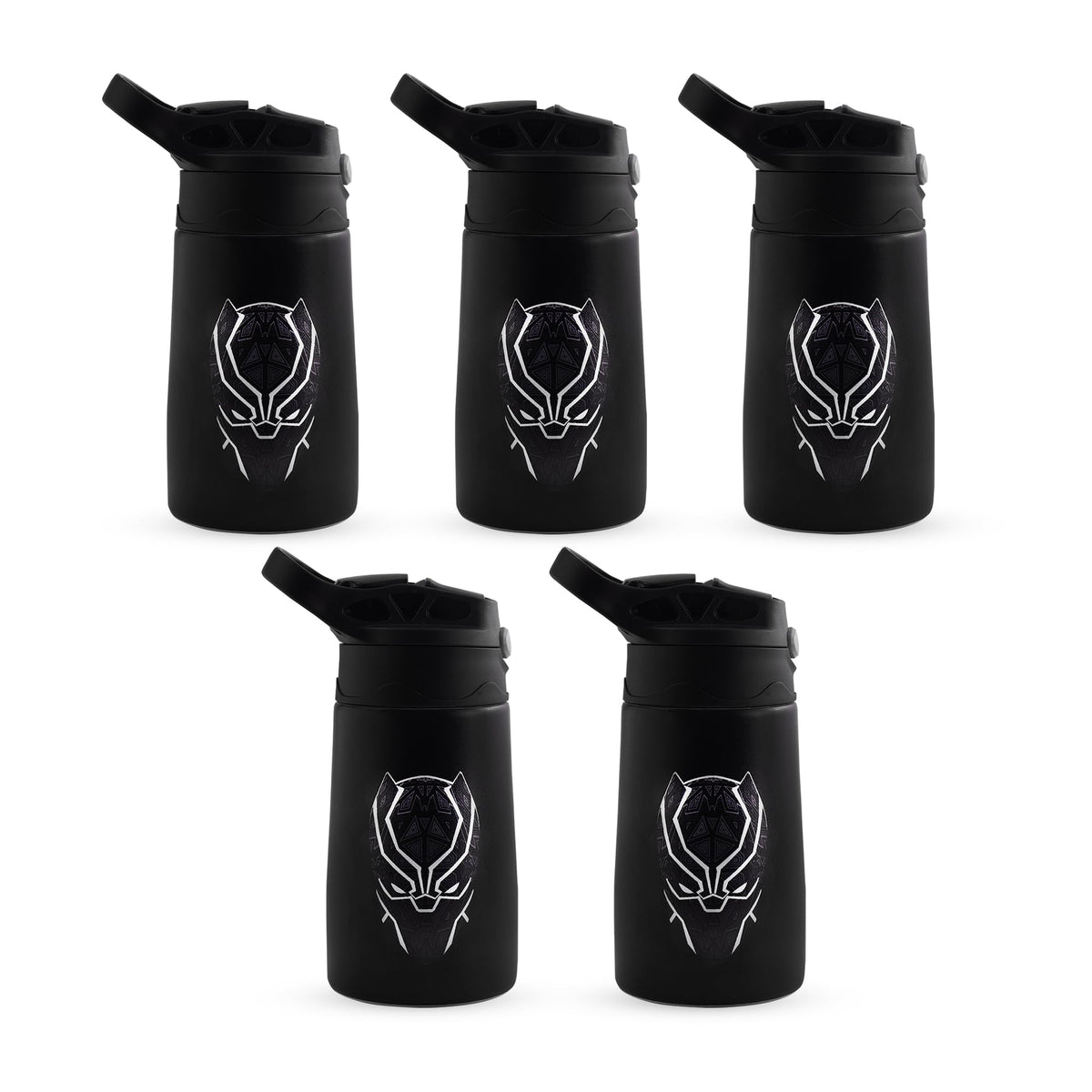 Kuber Industries 350 ml Insulated Water Bottle | Black Panther Kids Water Bottle | Stainless Steel Kids Water Bottle | Water Bottle with Push-Button Flip Lid | Bottle For School | Black | Pack of 5