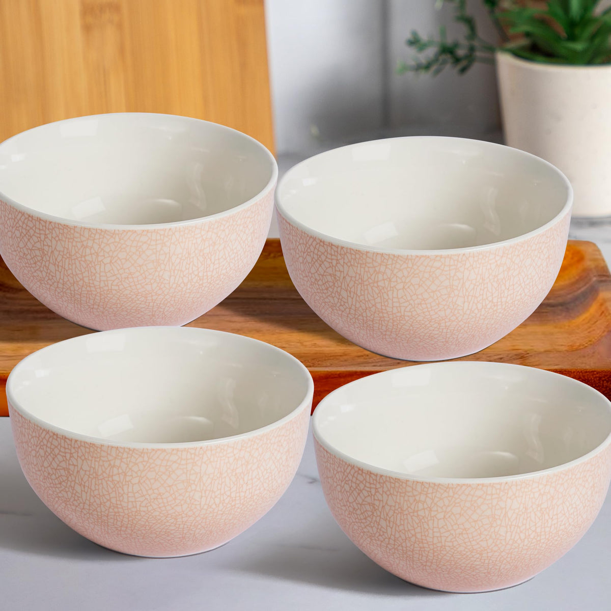 Anko 5.5" Bella Glazed Stoneware Bowls - Set of 4 | Premium Crockery for Dining Table Ideal for Serving Soup, Salad, Dessert | Designer Bowls for Home, Kitchen, Restaurant | Soft Pink