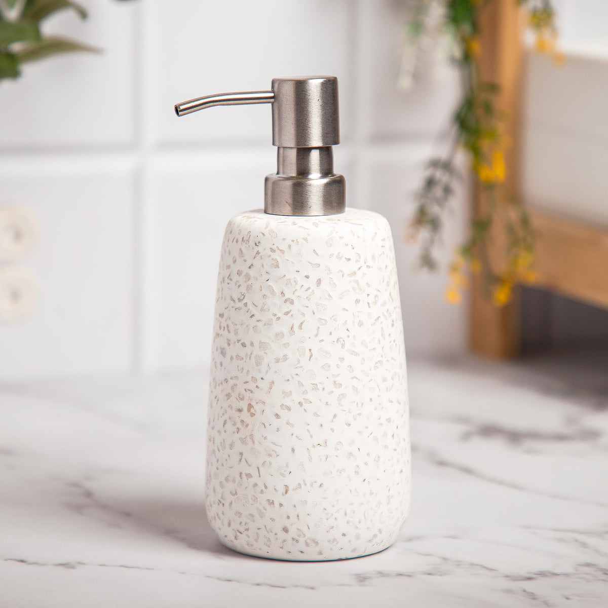 Anko 400 mL White Terrazzo Stoneware Liquid Soap Dispenser for Bathroom | Handwash dispenser with Pump | Ceramic Handwash Bottle | Soap Dispenser for Wash Basin | Kitchen Liquid Dispenser