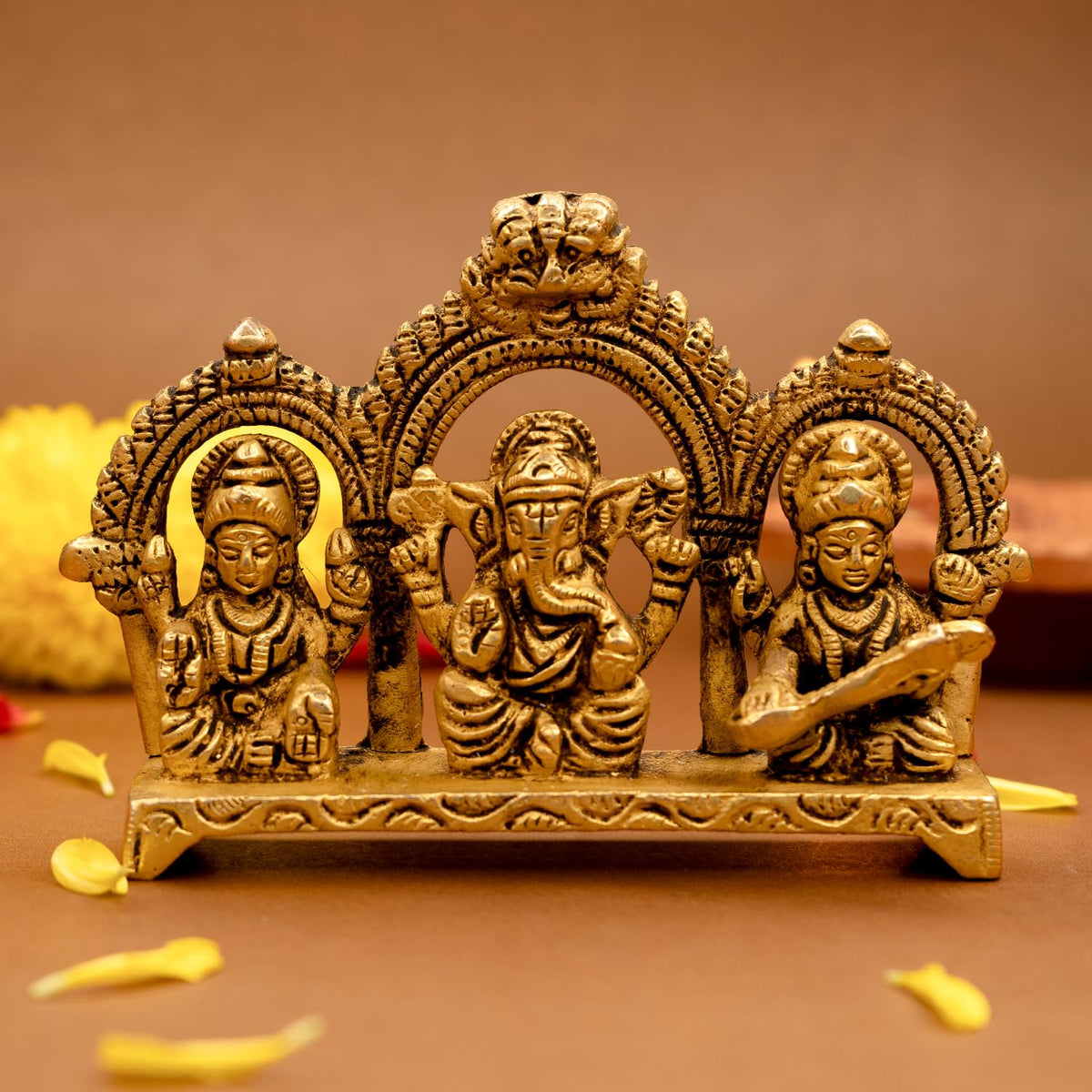 Ekhasa 100% Pure Brass Laxmi Ganesh Saraswati Murti (Size: 8.0 cm) | Lord Ganpati Lakshmi Saraswati Maa Idol for Diwali Puja | God Idols for Pooja Room or Griha Pravesh Ceremony