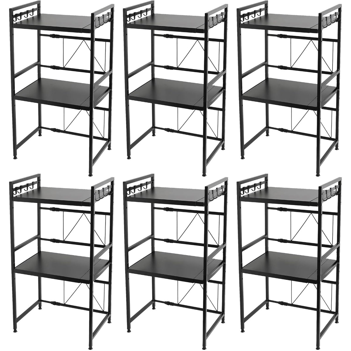 Kuber Industries 2-Layer Microwave Oven Rack|Telescopic Storage Rack|Microwave Shelf Stand With Hanging Hooks|Kitchen Counter Shelf Organizer Pack of 6 (Black)