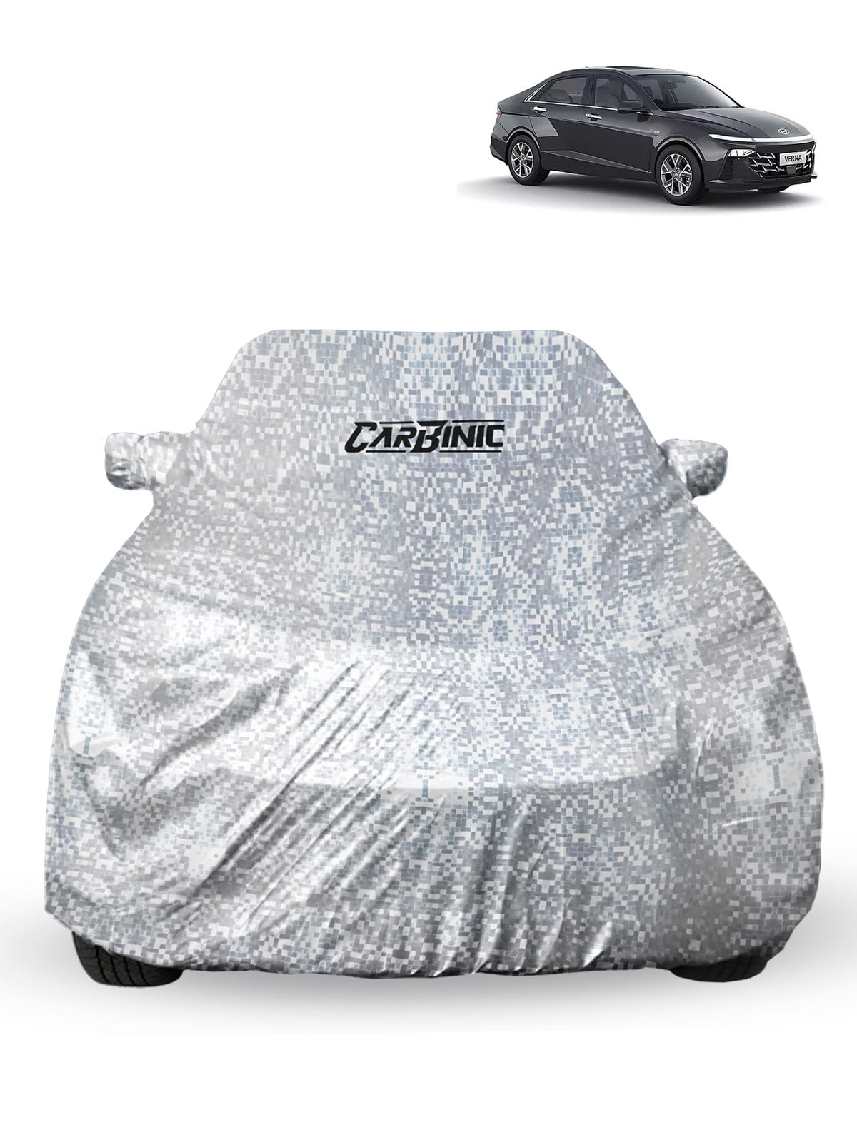 CARBINIC Waterproof Car Body Cover for Hyundai Verna 2023 | Dustproof, UV Proof Car Cover | Car Accessories | Mirror Pockets & Antenna Triple Stitched | Double Layered Soft Cotton Lining