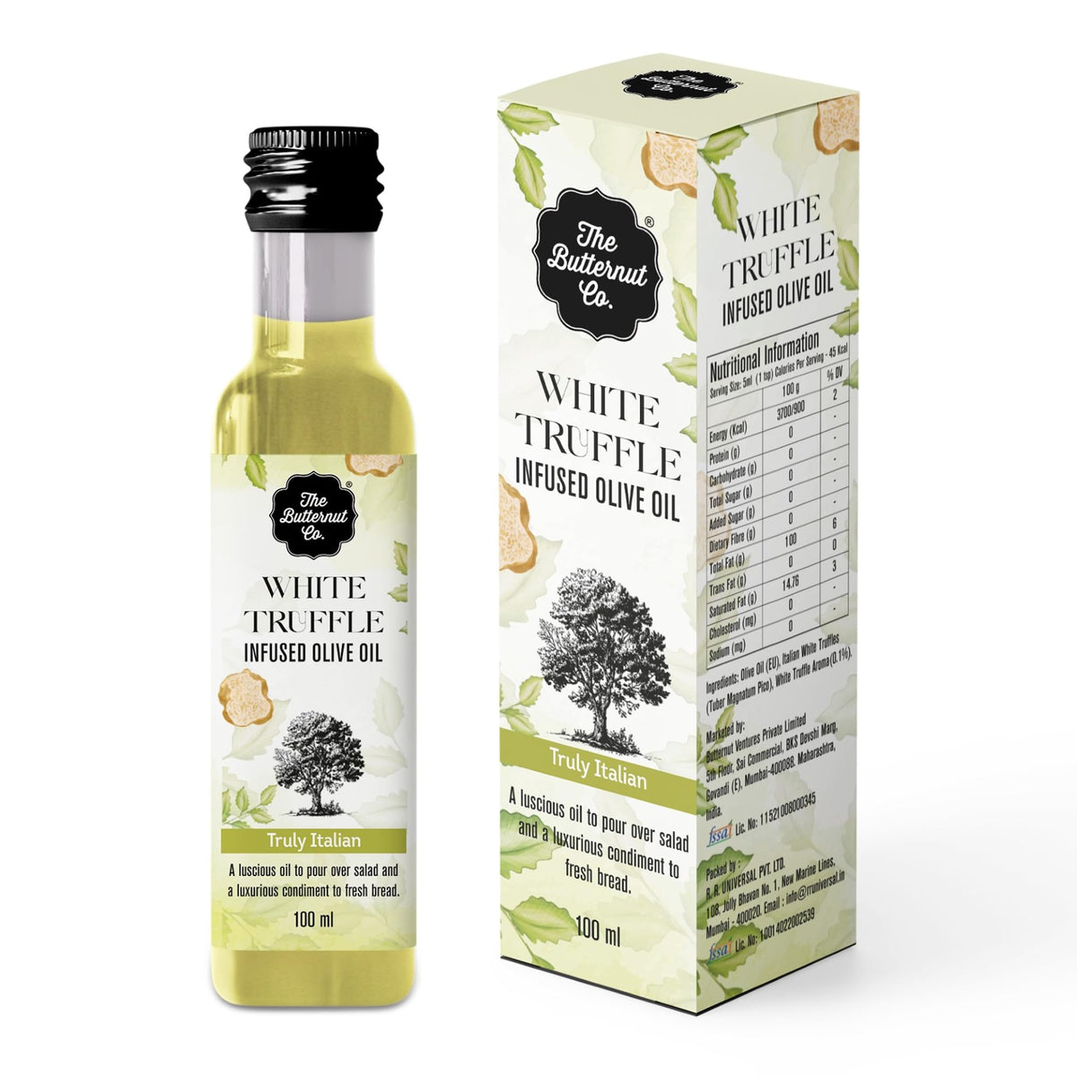 The Butternut Co. Extra Virgin Olive Oil with White Truffle | Ideal for Salad Dressings | Pizza Seasoning | Popcorn Seasoning | eggs and avocado toast topping | With real truffle piece| 100 ml |